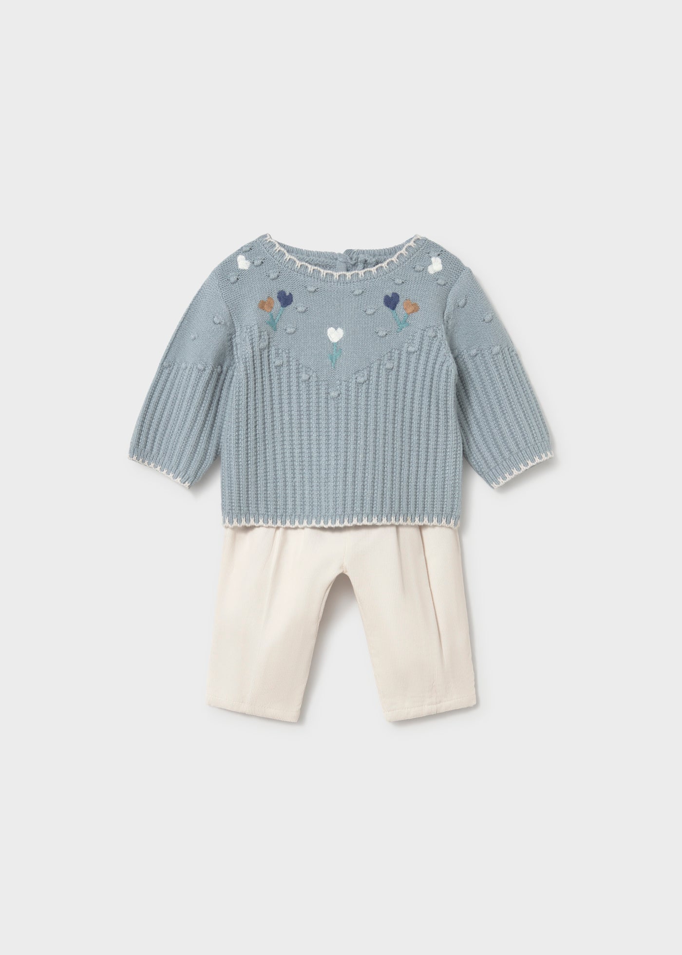🌸 Mayoral 2-delige babyset met gebreide trui & zachte broek – Bloemetjes in pastelblauw