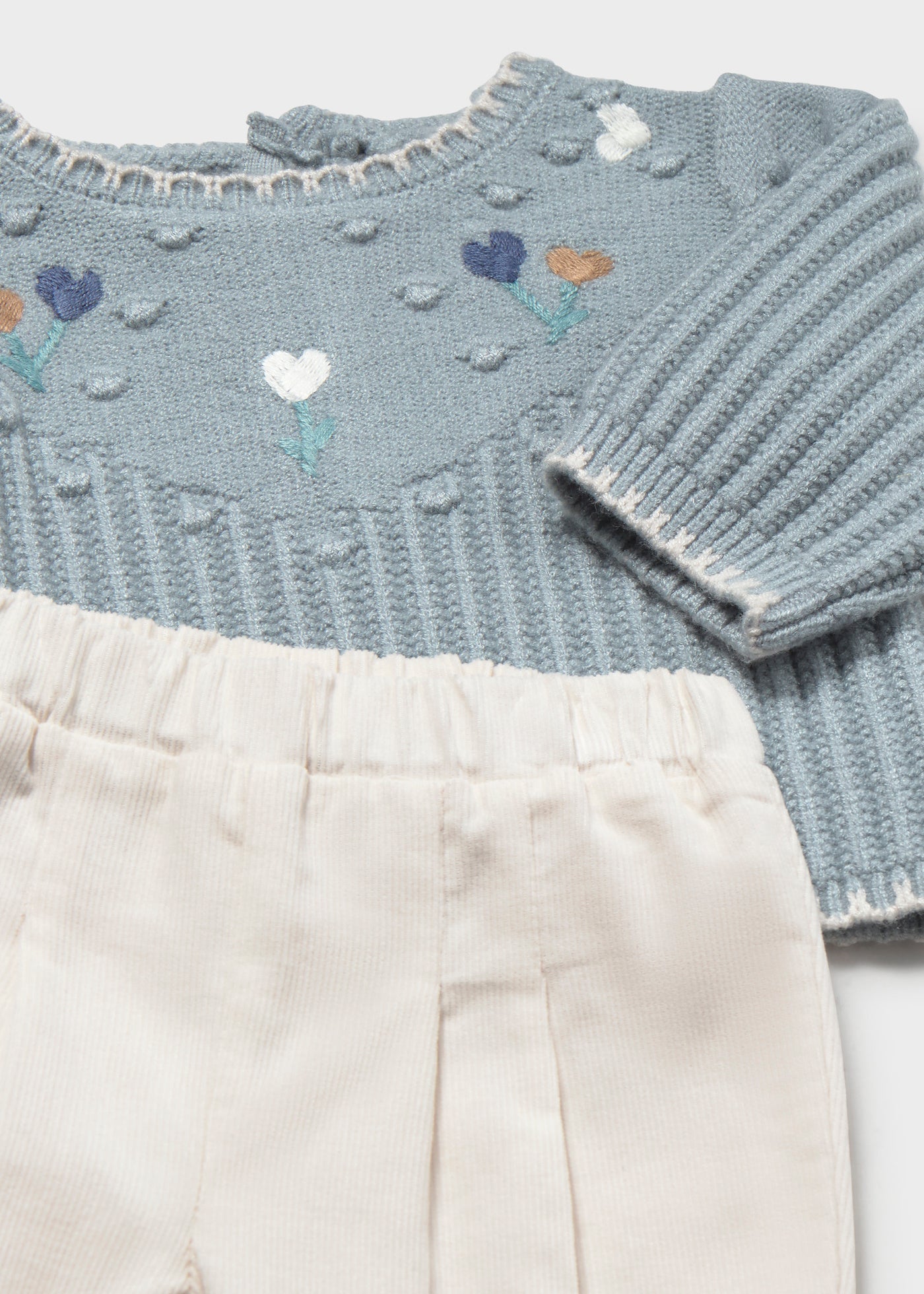 🌸 Mayoral 2-delige babyset met gebreide trui & zachte broek – Bloemetjes in pastelblauw