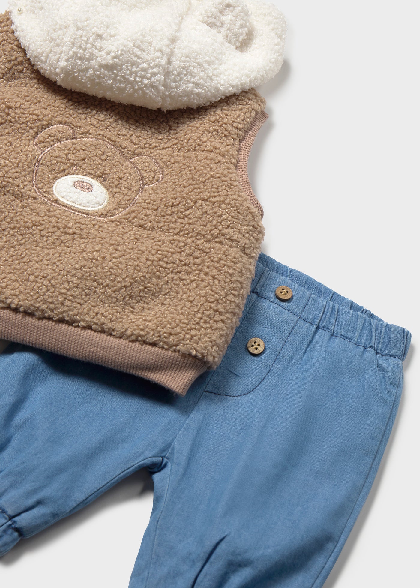 🧸 Mayoral 3-delige babyset met teddy bodywarmer – Beer & denimlook