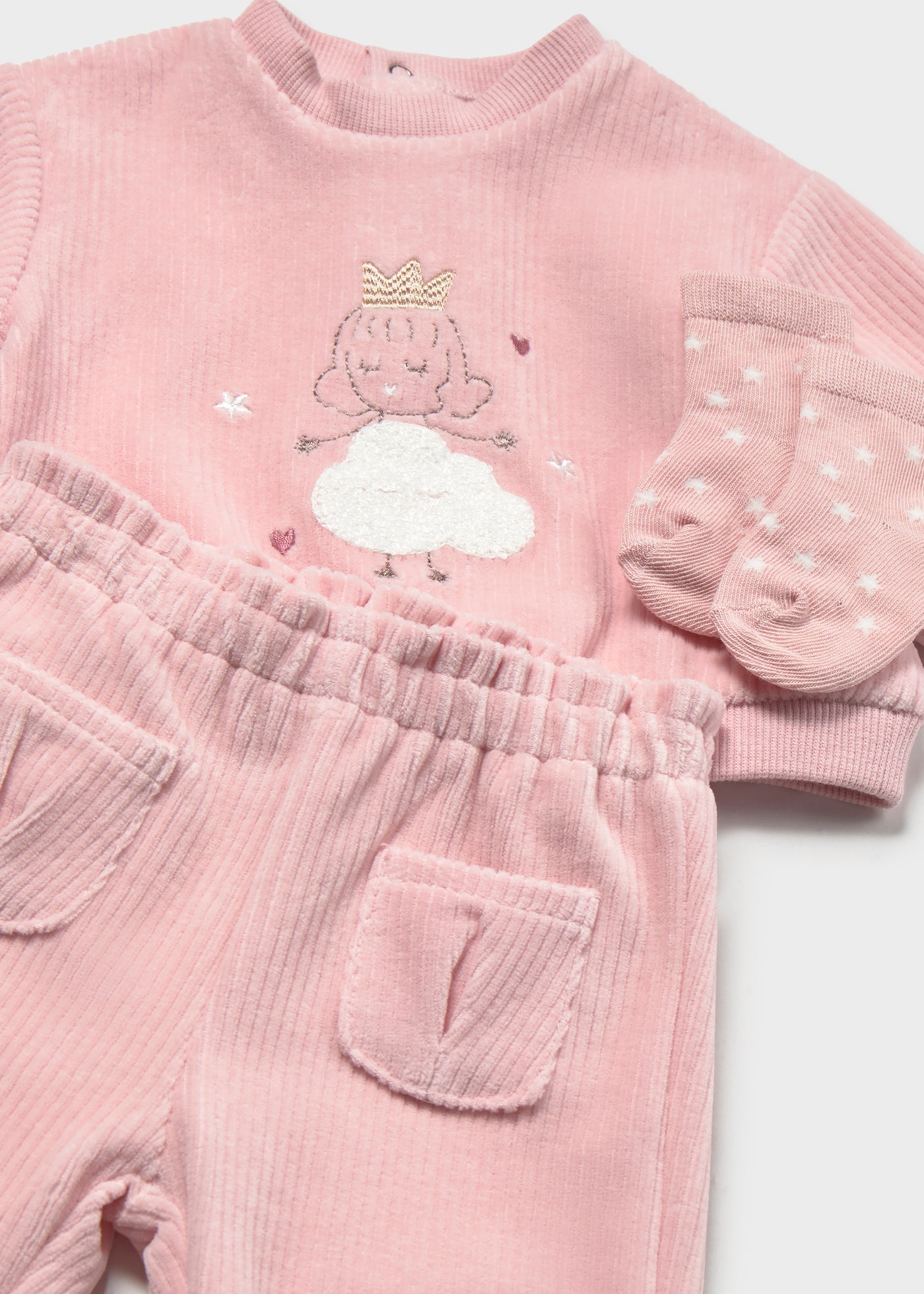 👑 Mayoral 3-delige babyset "Little Princess" – Roze velours met sokjes