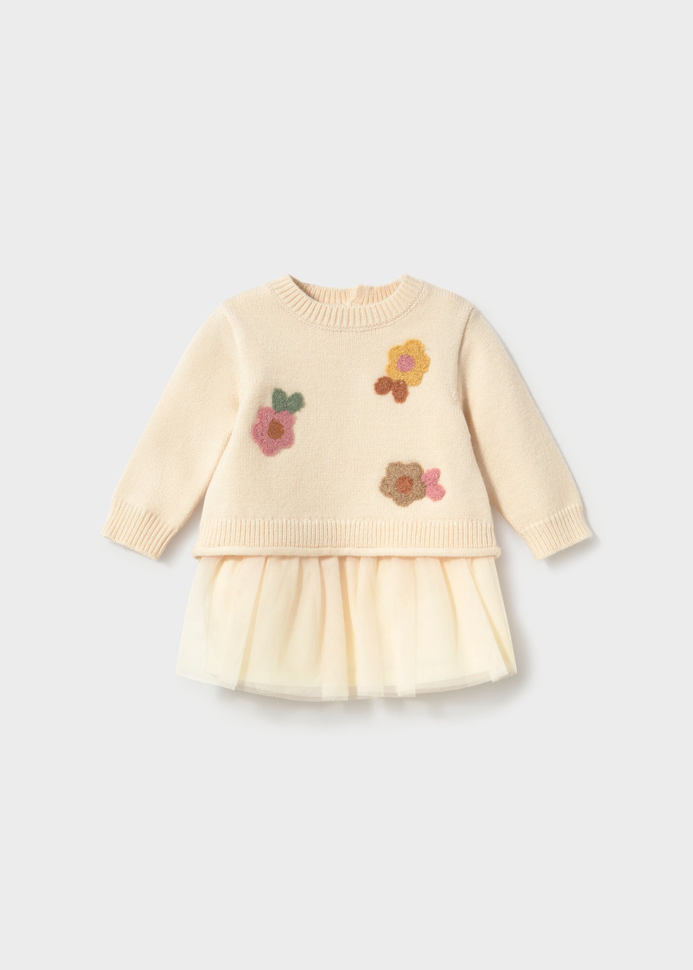 🌸 Mayoral gebreide babyjurk met tule rok – Crème