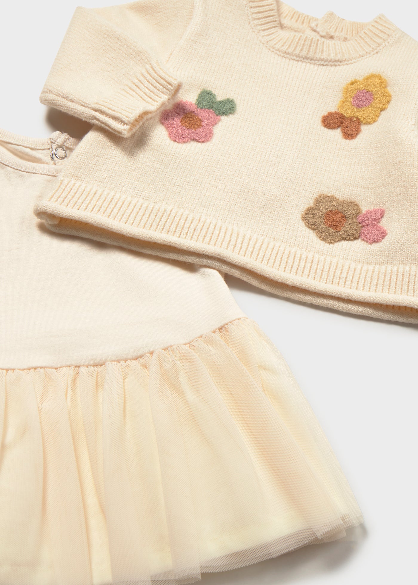 🌸 Mayoral gebreide babyjurk met tule rok – Crème