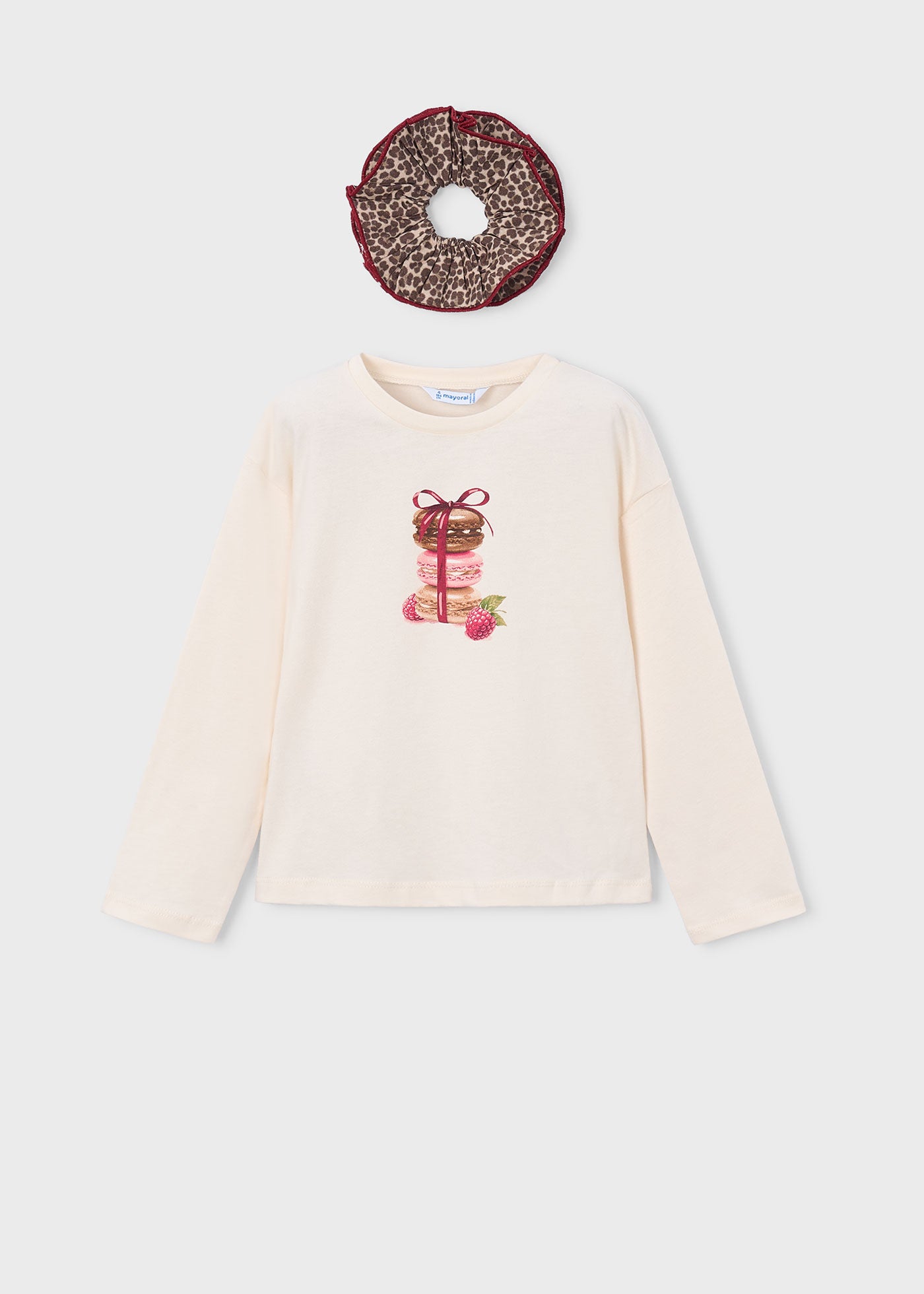 🍓 Mayoral longsleeve "Sweet Macarons" + scrunchie – Crème