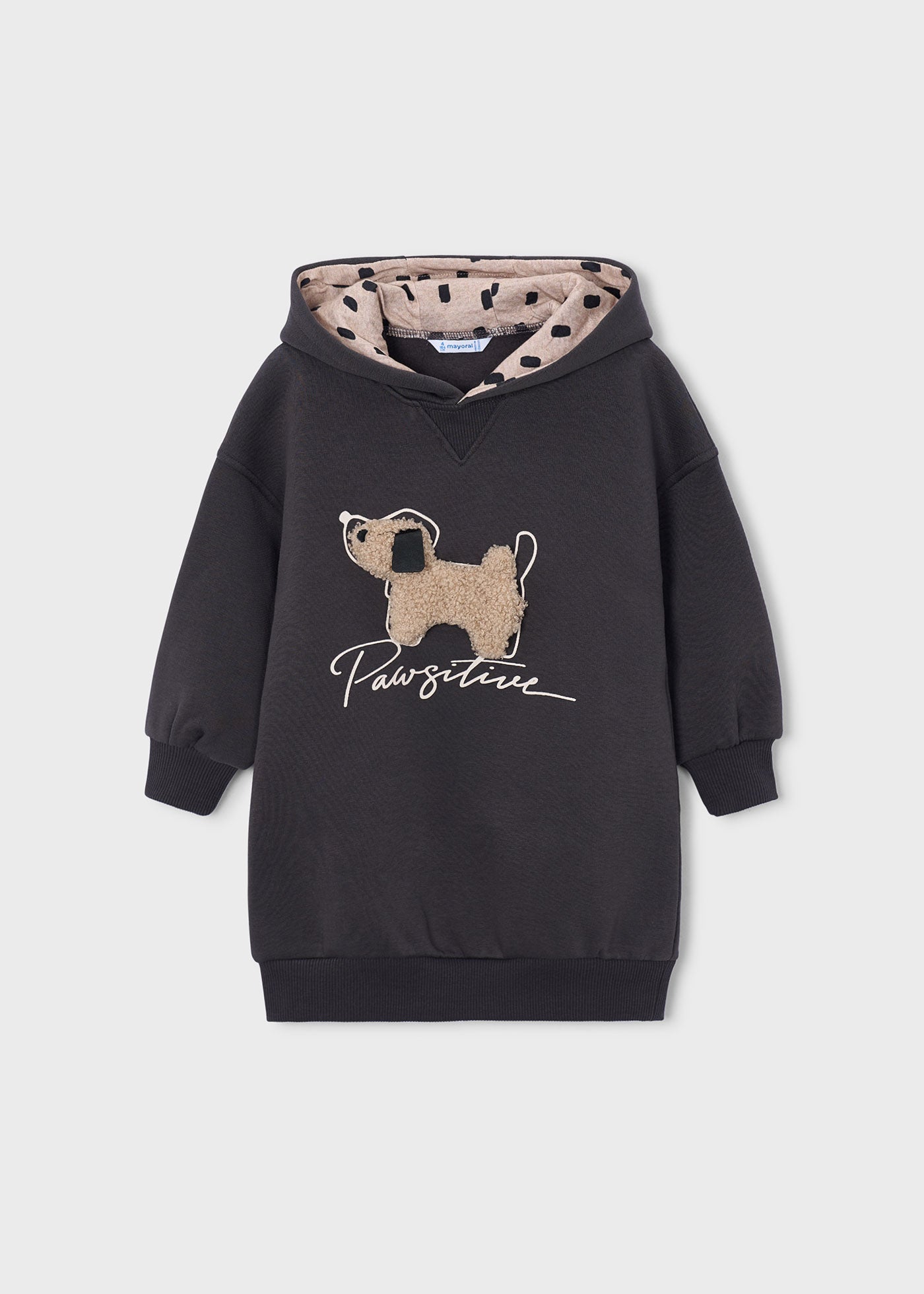 🐶 Mayoral sweaterjurk "Pawsitive" met capuchon – Donkergrijs