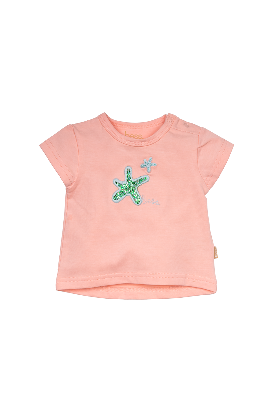 T-shirt Sparkle Starfish – Zalmroze met pailletten zeesterren 🧜‍♀️