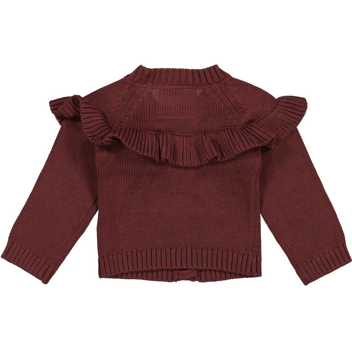 Bess Gebreid Vestje met Ruffles – Warm Burgundy