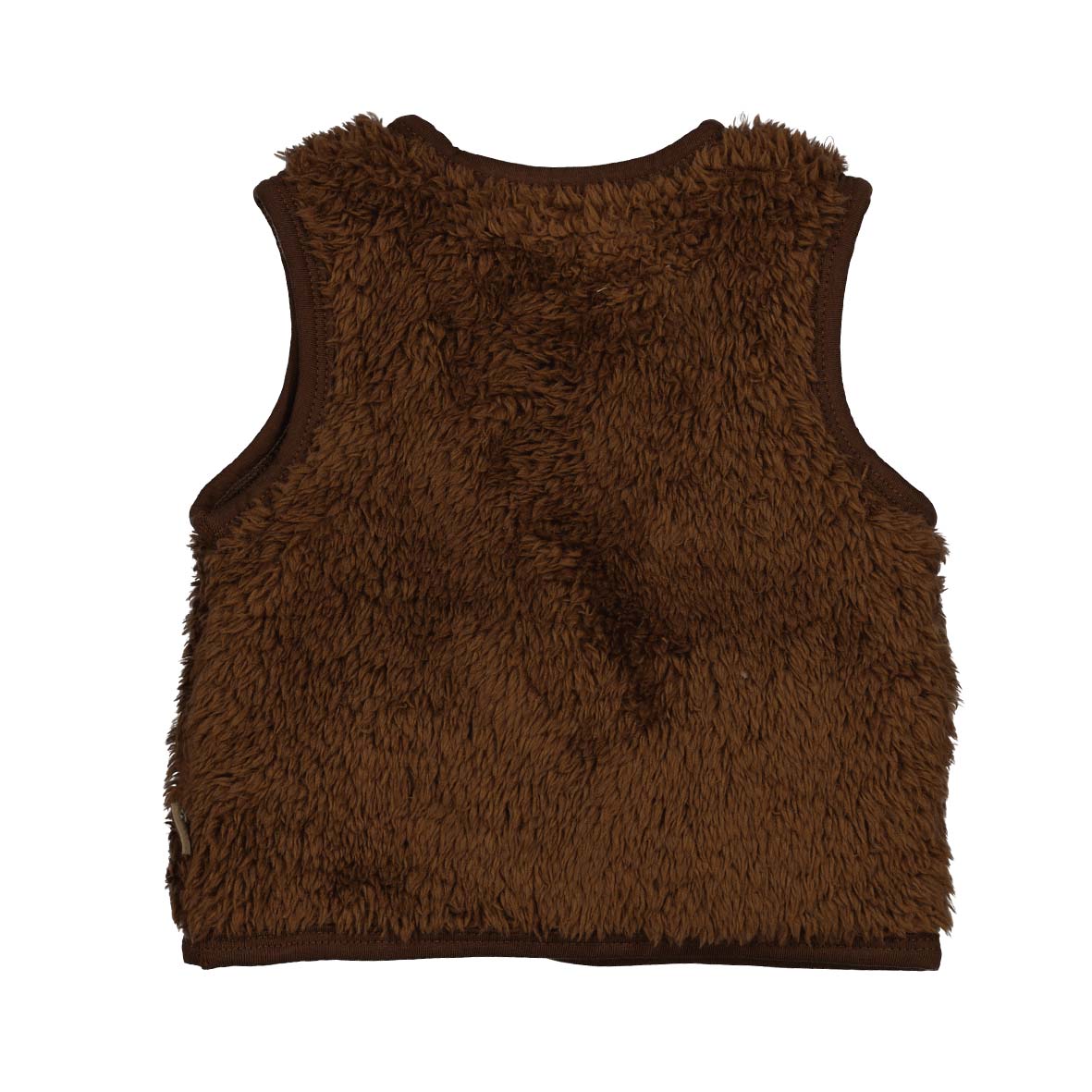 🤎 Teddy Gilet Chocoladebruin – Met Knopen & Varsity Patch 🤎
