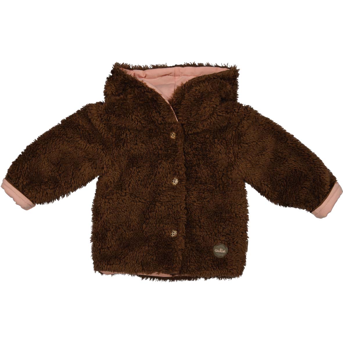 🧸 Teddy Jas met Kap – Chocoladebruin & Roze Voering 🧸