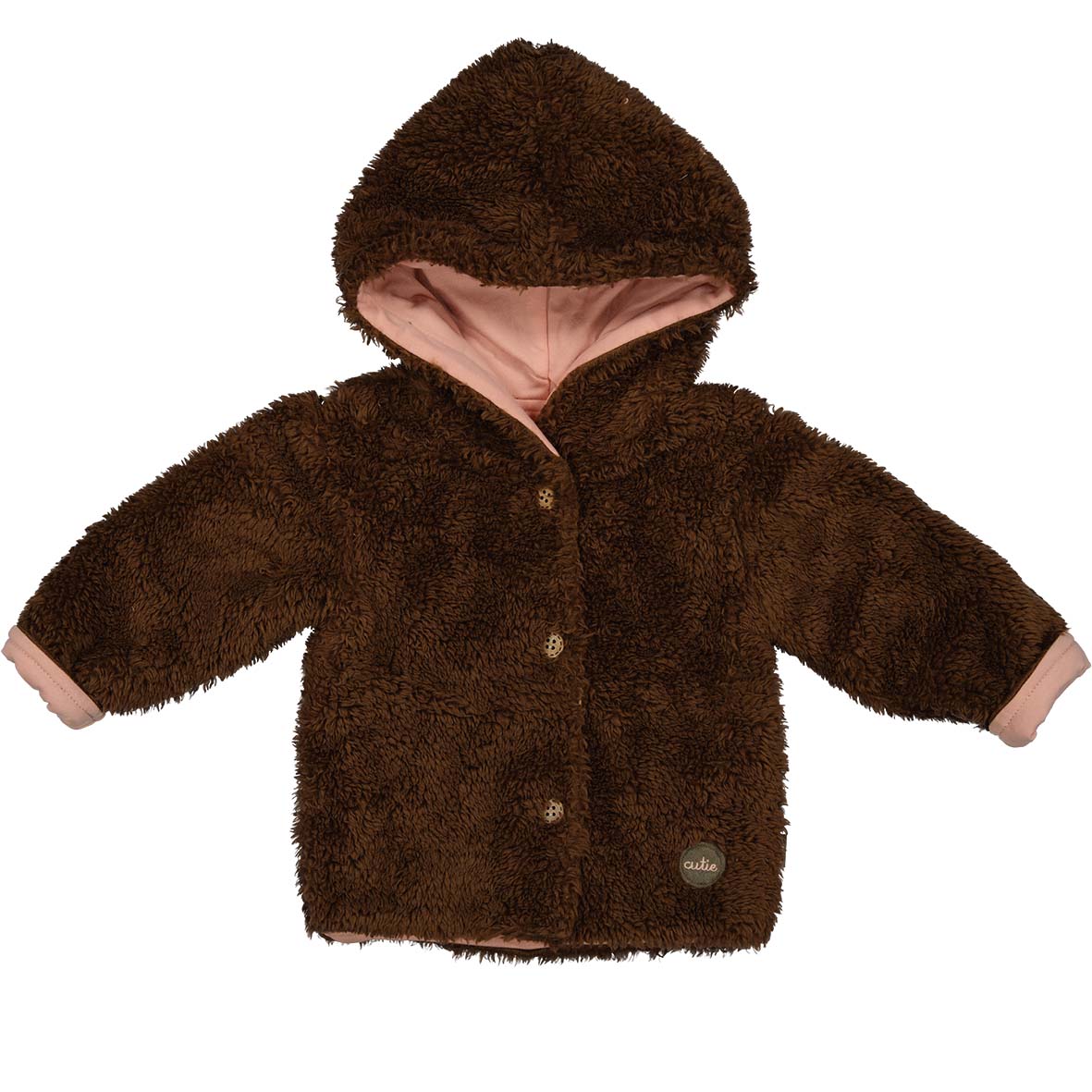 🧸 Teddy Jas met Kap – Chocoladebruin & Roze Voering 🧸