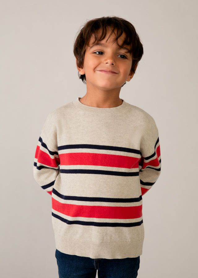 ❤️ Gestreepte Trui in Beige met Rood & Navy – Tijdloze Boys Style