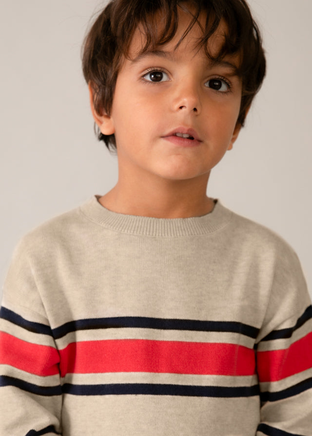 ❤️ Gestreepte Trui in Beige met Rood & Navy – Tijdloze Boys Style
