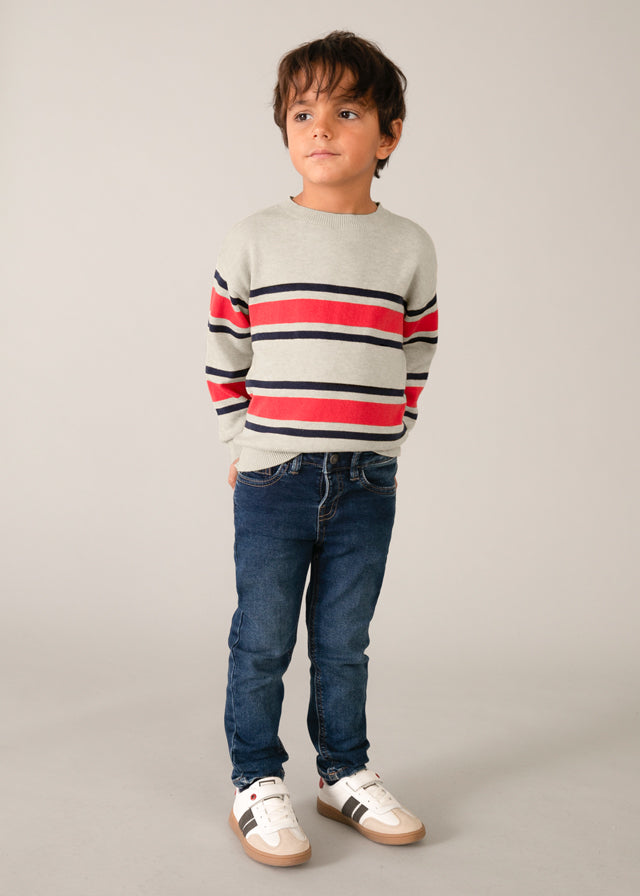 ❤️ Gestreepte Trui in Beige met Rood & Navy – Tijdloze Boys Style