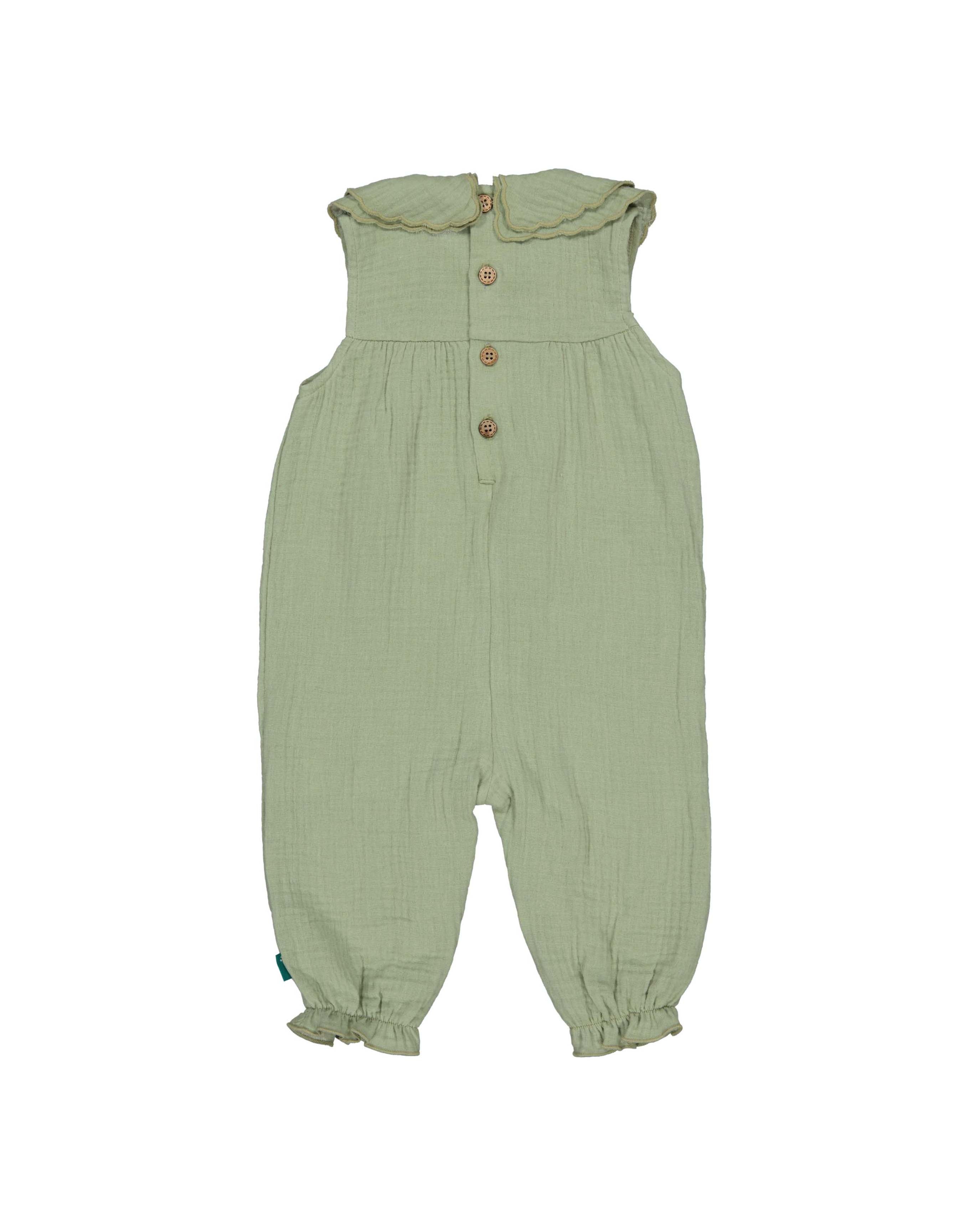 🌿👶 Soft Sage Ruffle Jumpsuit – Mousseline Baby Jumpsuit met Kraag