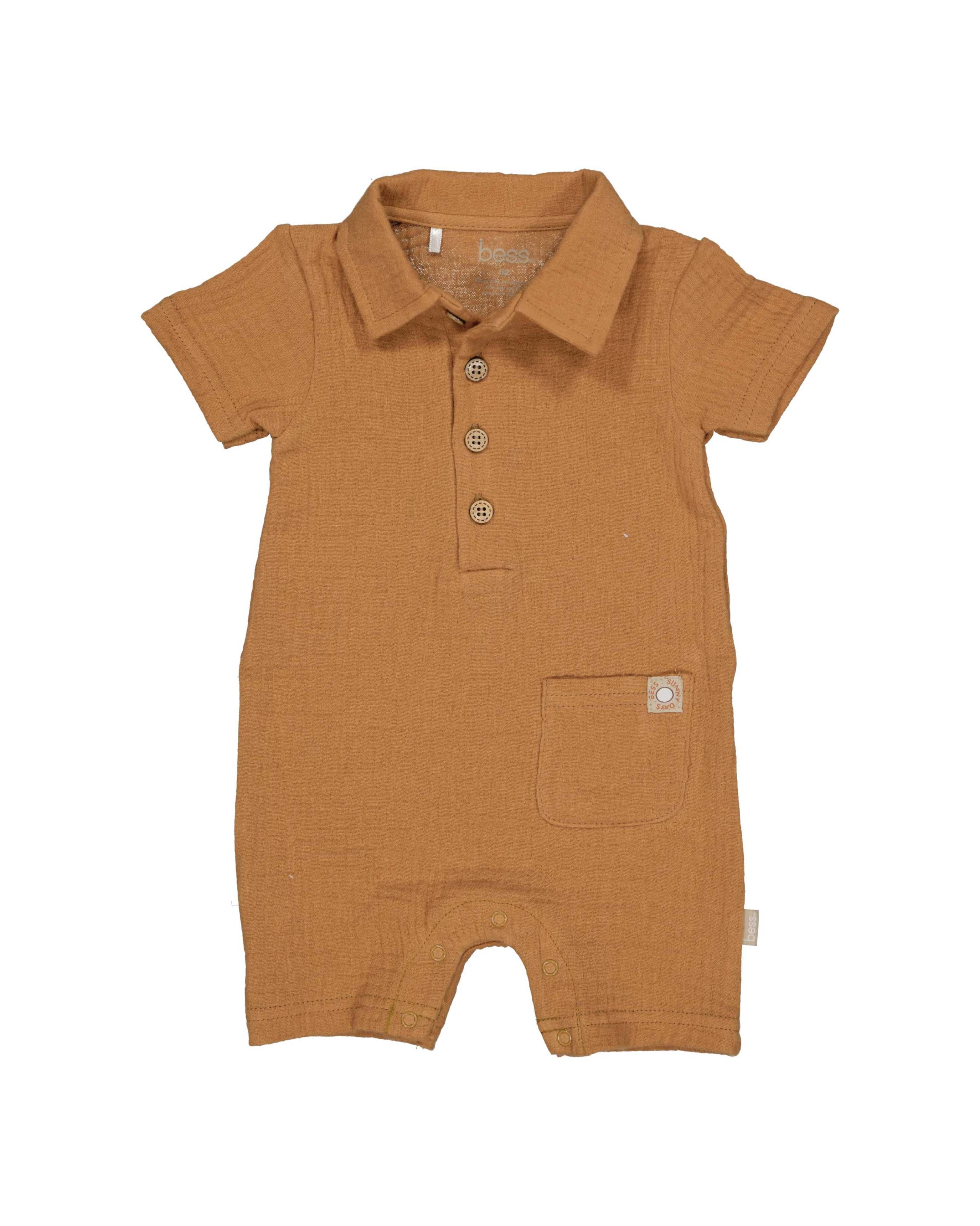 🤎 Zomerse Baby Playsuit – Mousseline Caramel | BESS