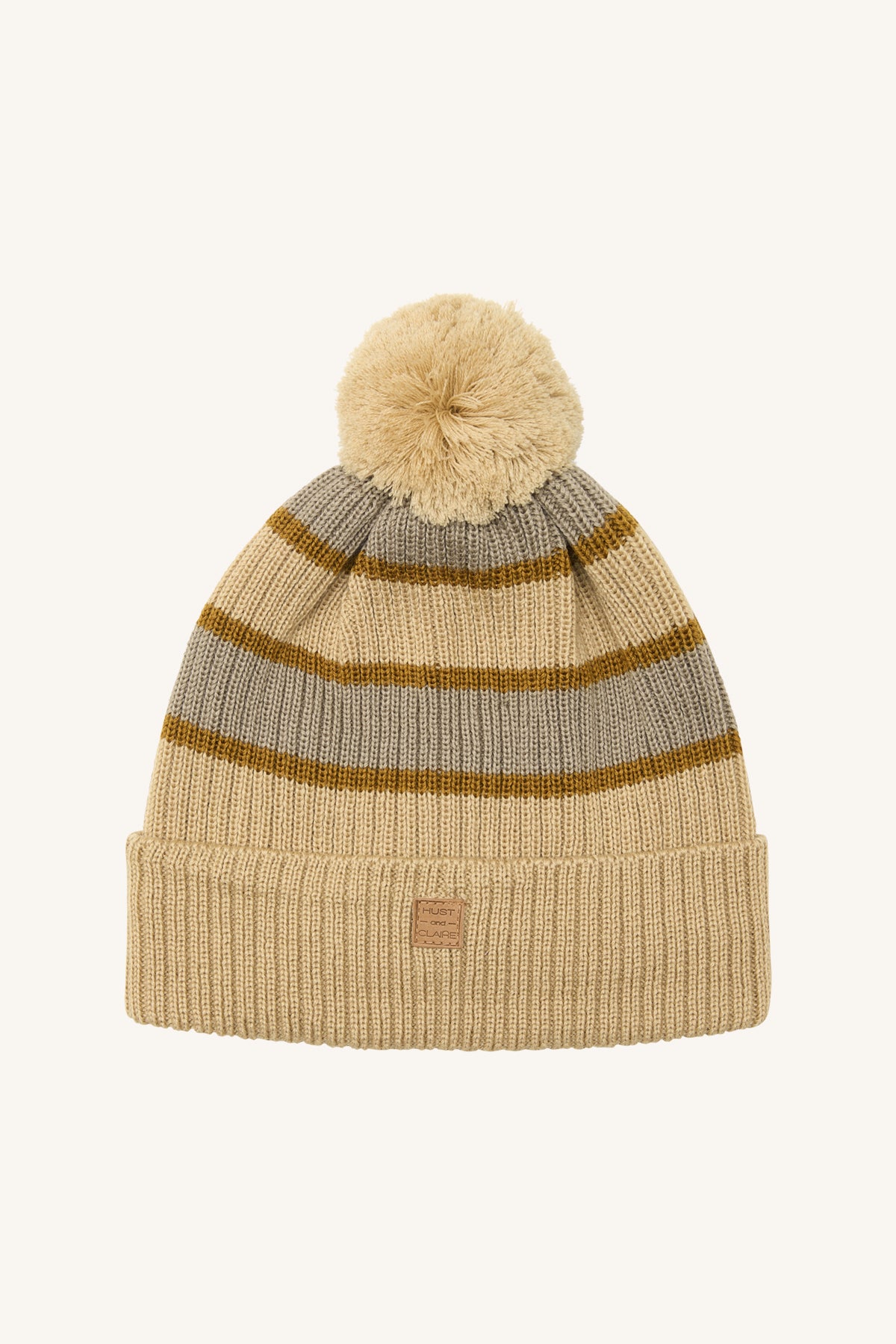 Mooi Hust&Claire muts in beige met brede strepen in roze poeder en smalle strepen in bruin