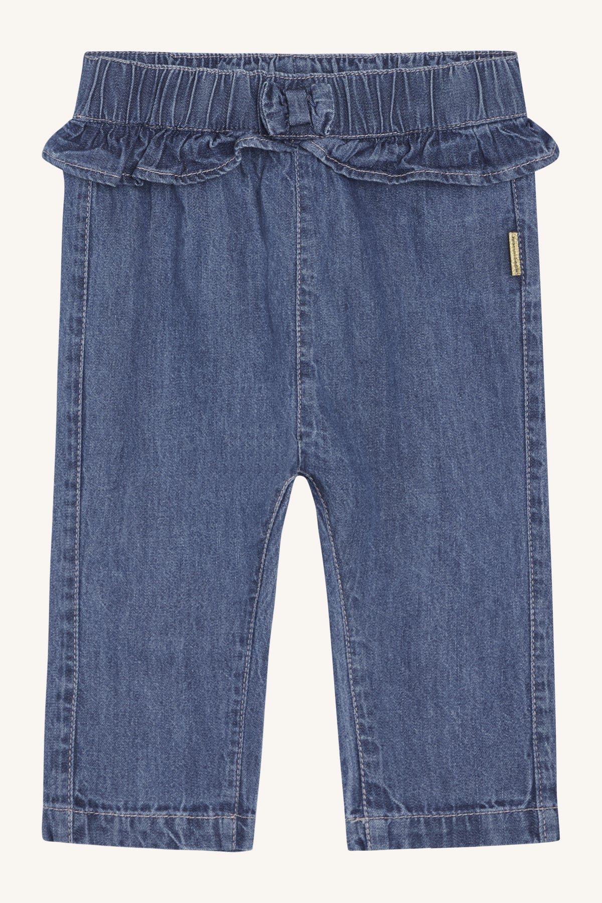 Denim broek met ruches op de taille.