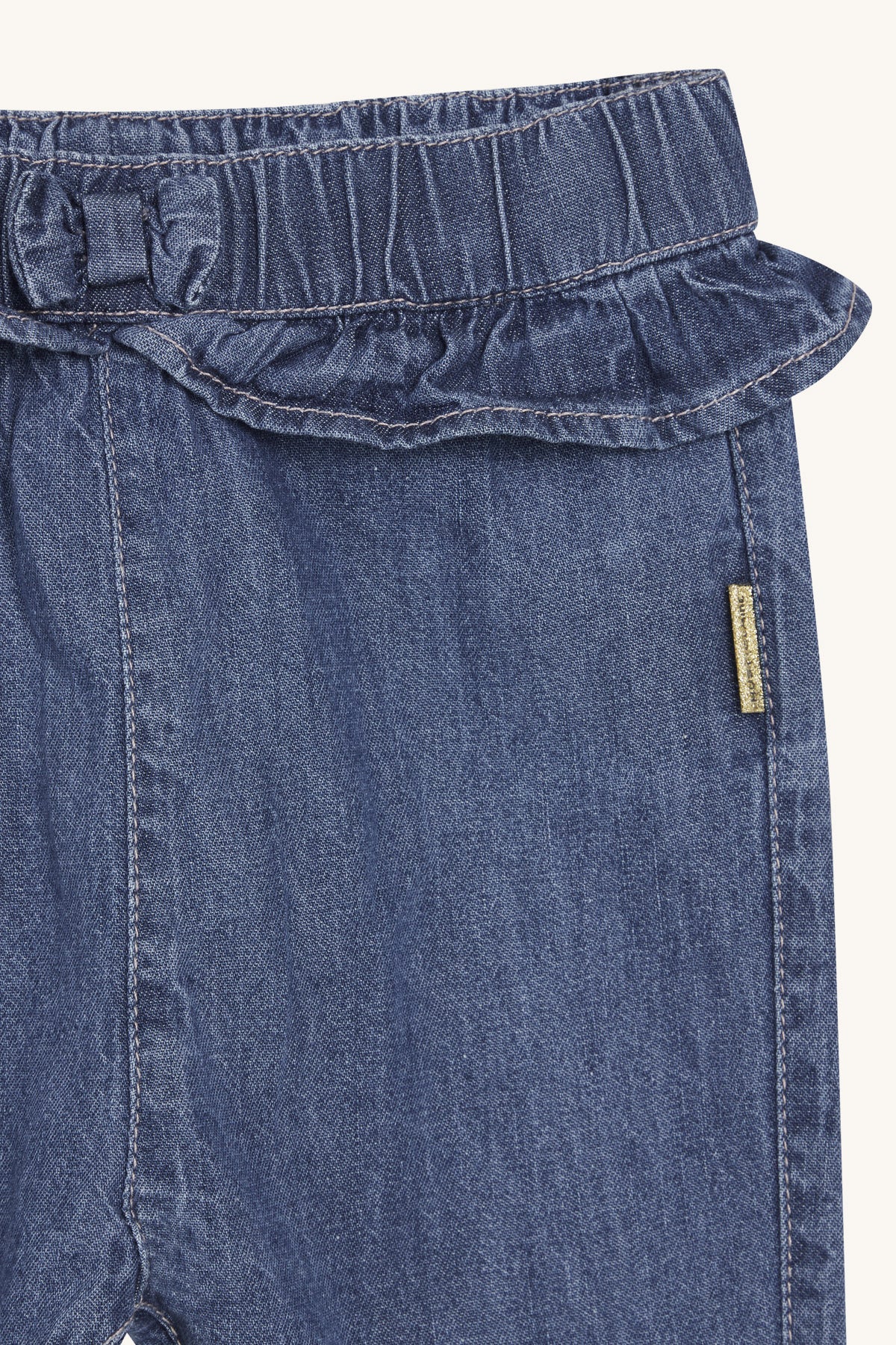 Denim broek met ruches op de taille.