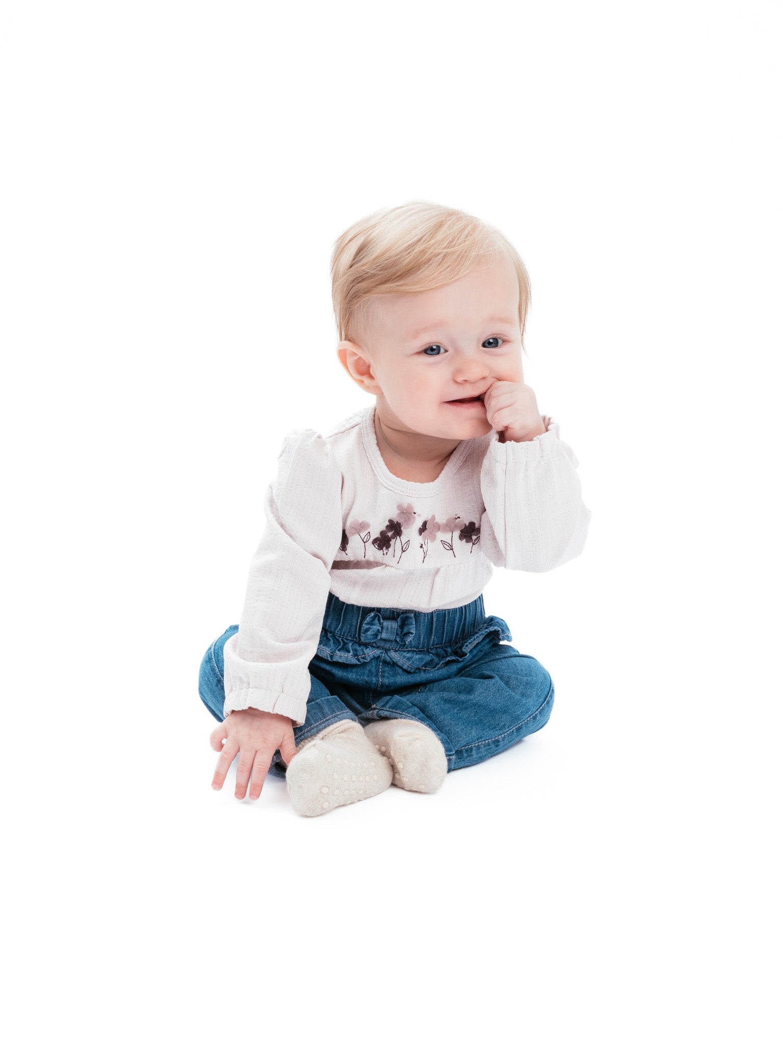 Denim broek met ruches op de taille.