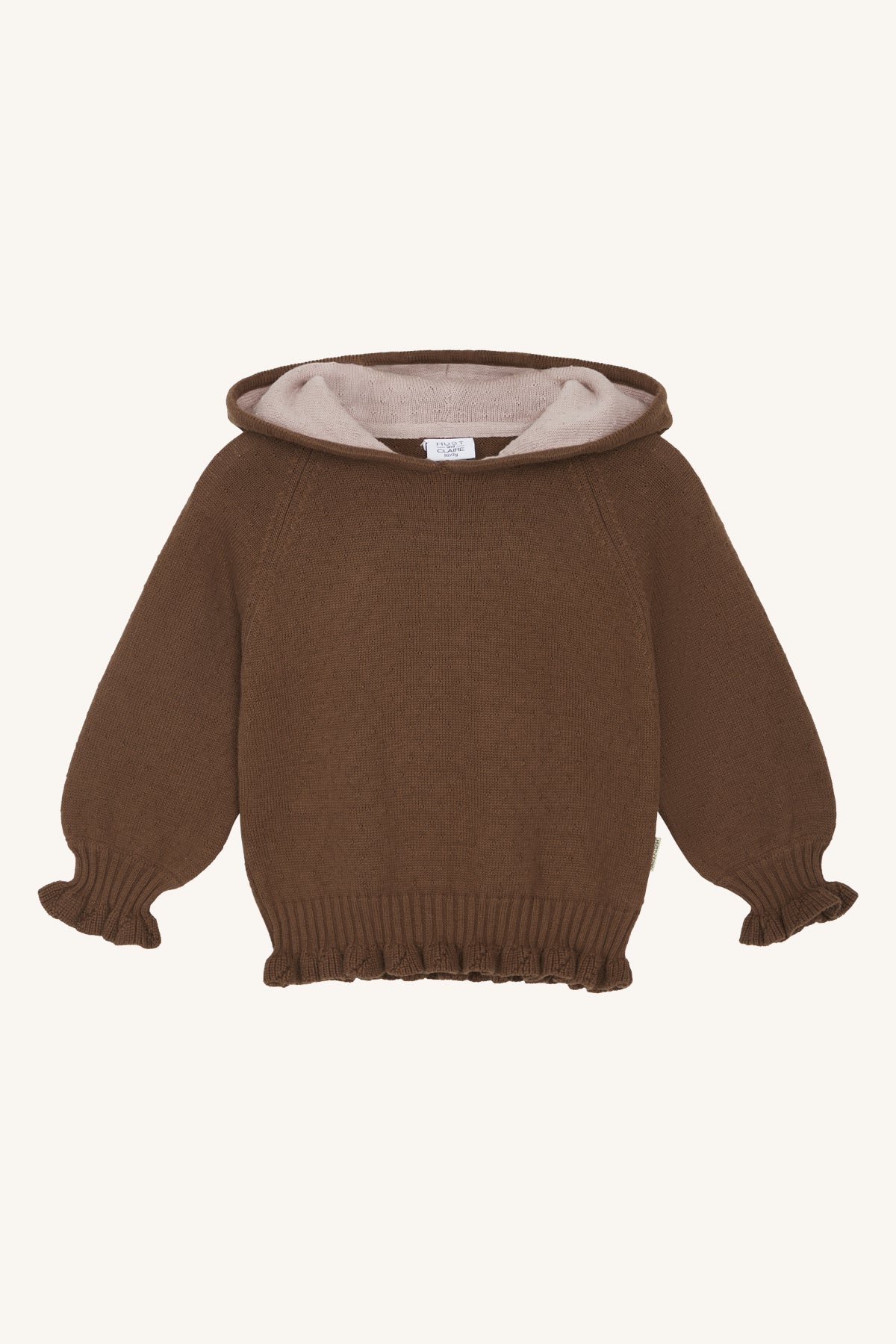 Leuke bruine trui met mooie details aan de kap