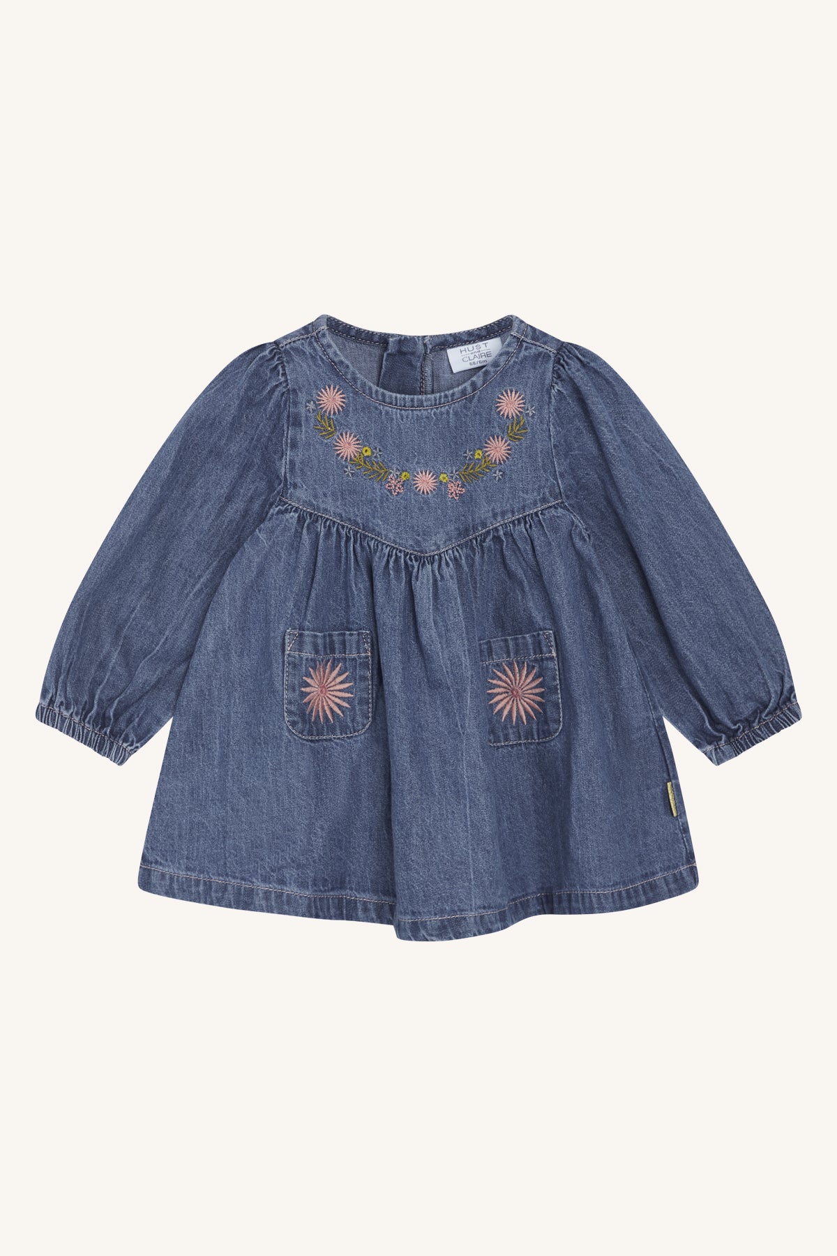 Denim jurk met plooien op de schouders en elastische mouwen.