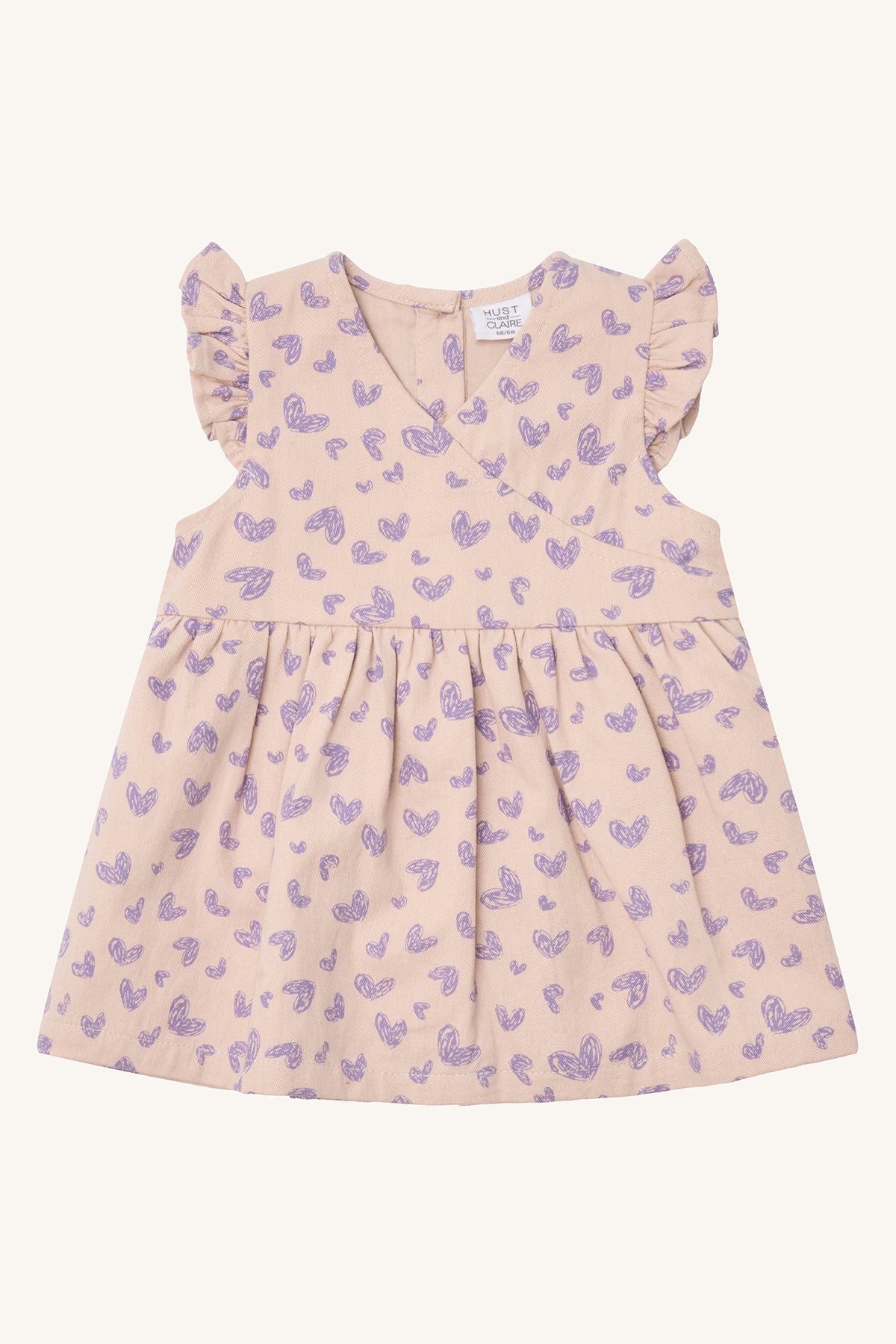 Hust & Claire Mouwloos Jurkje – Beige met Lila Hartjes & Ruffle Mouwtjes