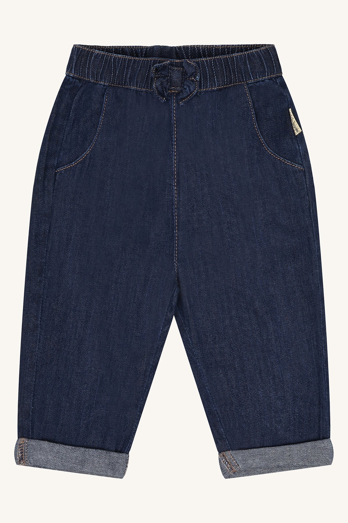 ✨ Comfort & Cool – Donkerblauwe Babyjeans met Strikdetail ✨