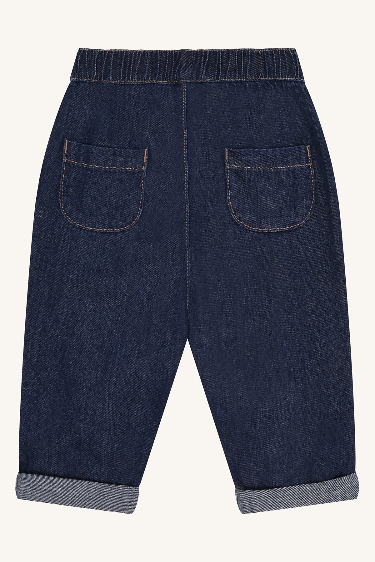 ✨ Comfort & Cool – Donkerblauwe Babyjeans met Strikdetail ✨