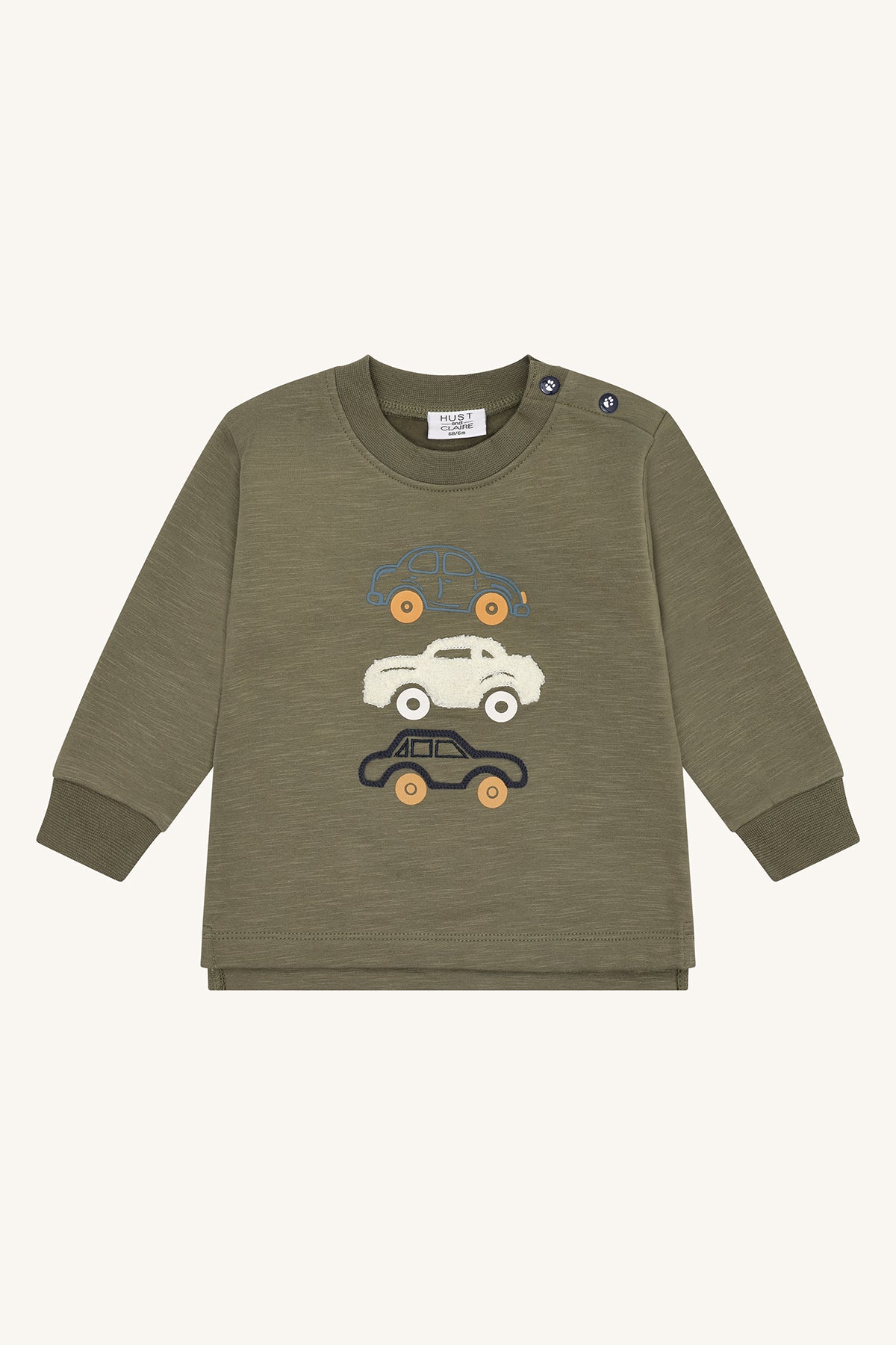 🚗 Hust&Claire – Sweater met Autootjes in Stoer Legergroen 🚙