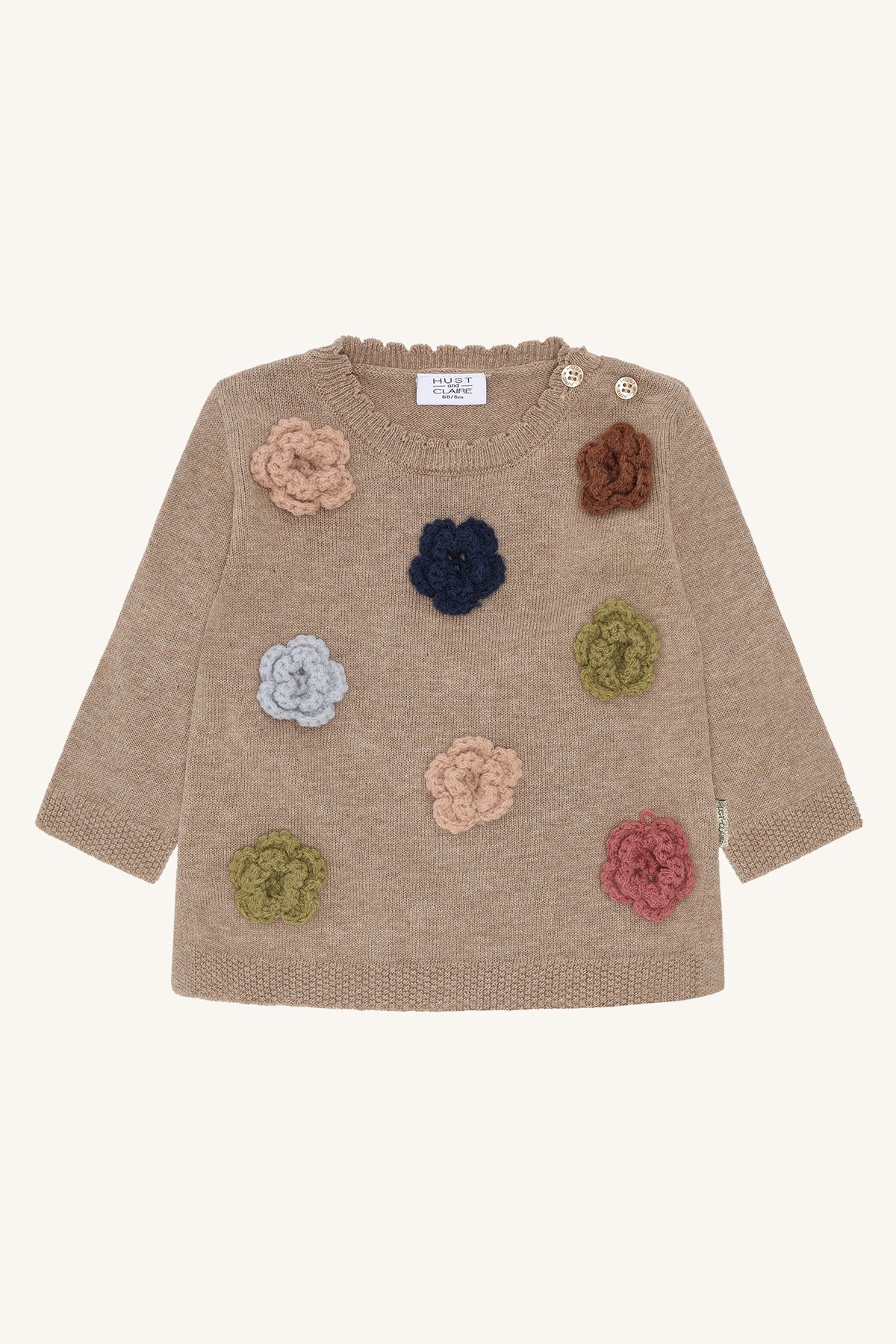 🌼 Beige gebreide trui met gehaakte bloemen – Hust & Claire