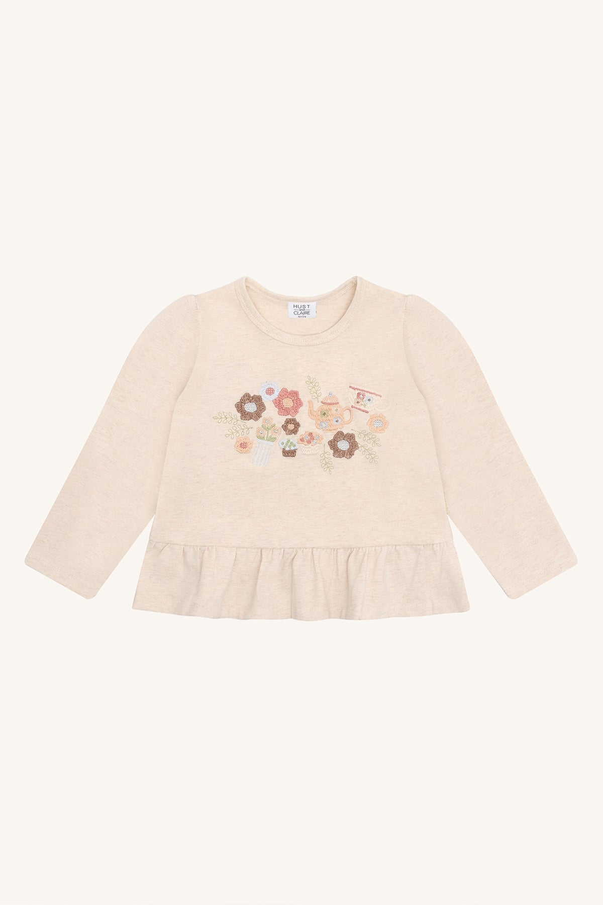 ☕️ Beige longsleeve met theepot-borduursel – Hust & Claire