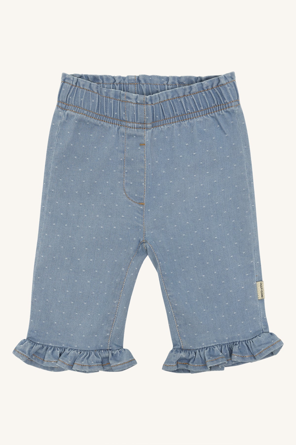 💙 Denim Broekje met Stipjes & Ruches – lief, zacht & speels