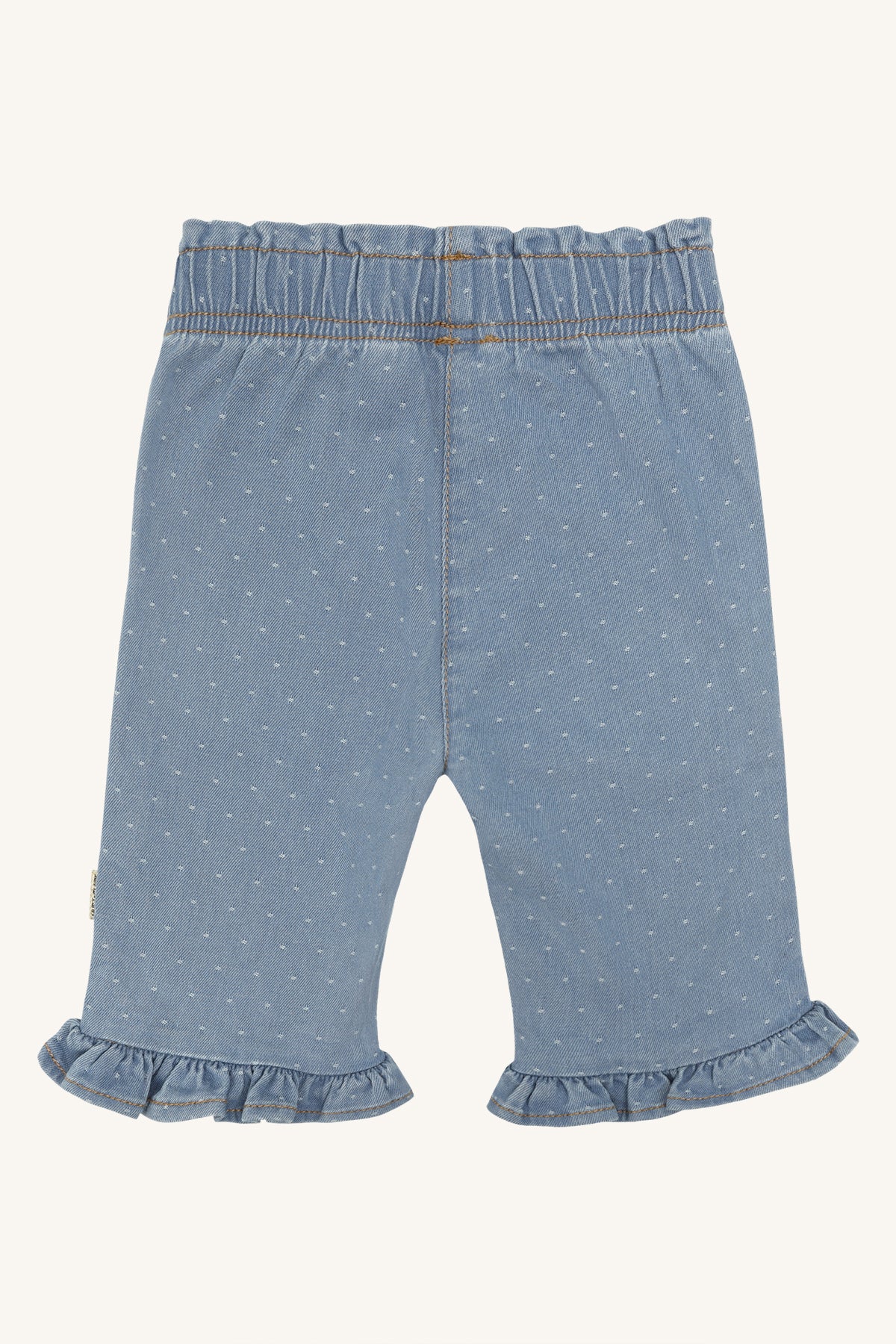 💙 Denim Broekje met Stipjes & Ruches – lief, zacht & speels