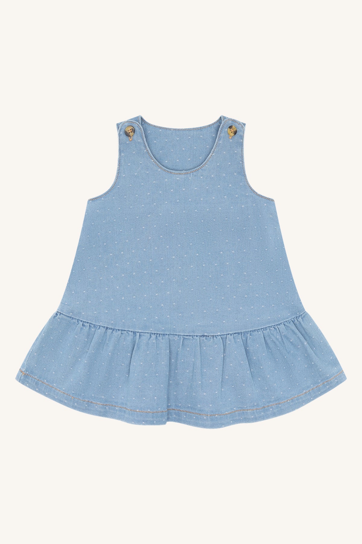 💙 Denim Jurkje met Stipjes & Ruches – zacht, lief & tijdloos