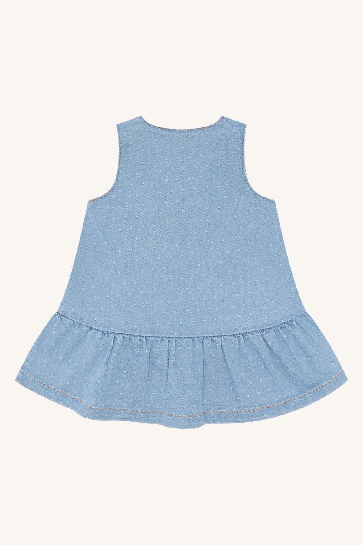 💙 Denim Jurkje met Stipjes & Ruches – zacht, lief & tijdloos