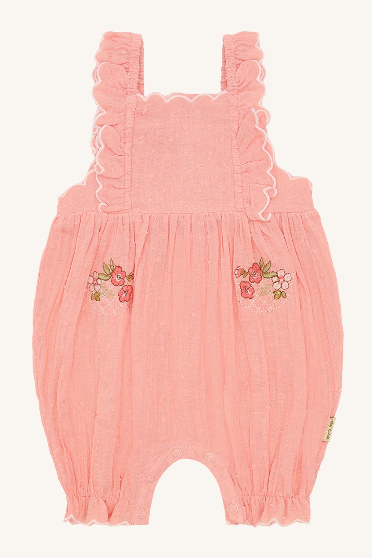 🌸 Zomerse Baby Romper met Bloemenborduursel – Zacht Koraal | Hust & Claire