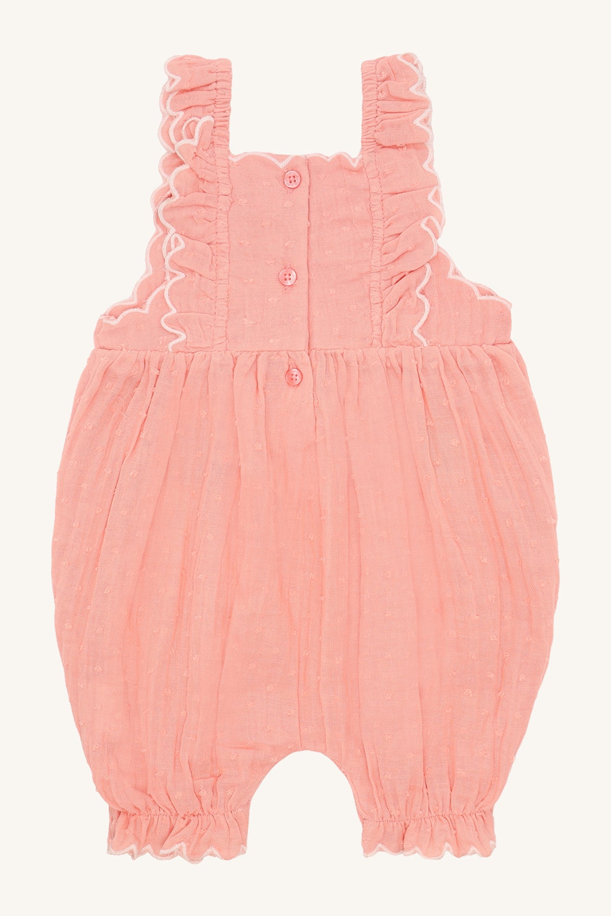 🌸 Zomerse Baby Romper met Bloemenborduursel – Zacht Koraal | Hust & Claire