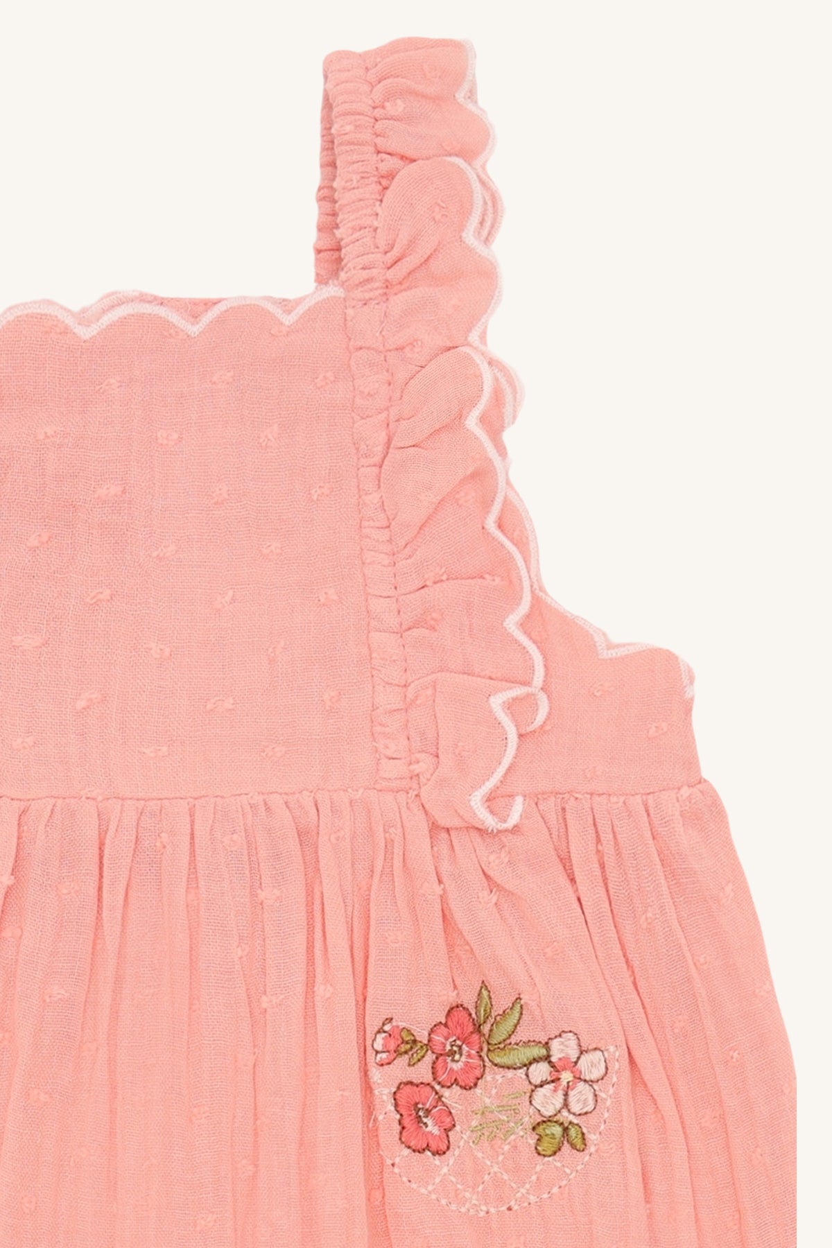 🌸 Zomerse Baby Romper met Bloemenborduursel – Zacht Koraal | Hust & Claire