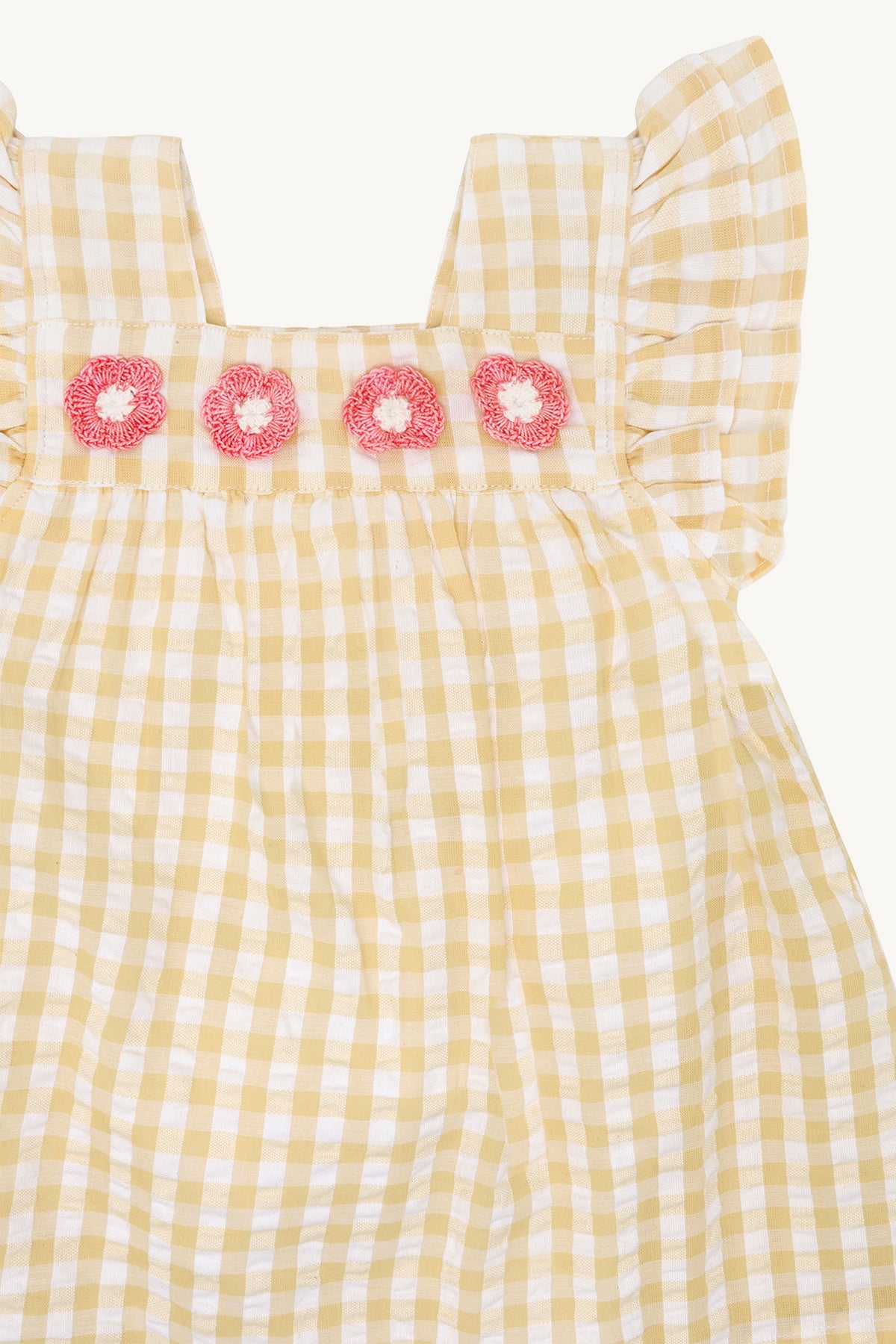 ☀️ Vichy Jurkje met Gehaakte Bloemetjes – Sunny Yellow | Hust & Claire