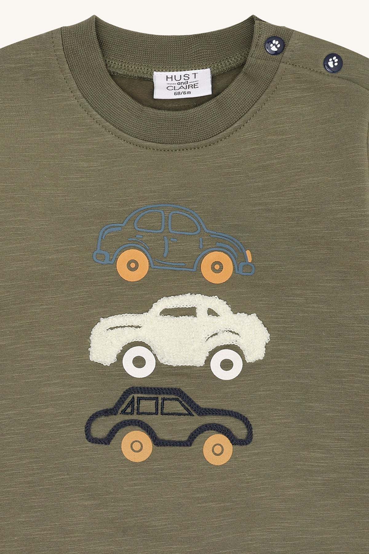 🚗 Hust&Claire – Sweater met Autootjes in Stoer Legergroen 🚙