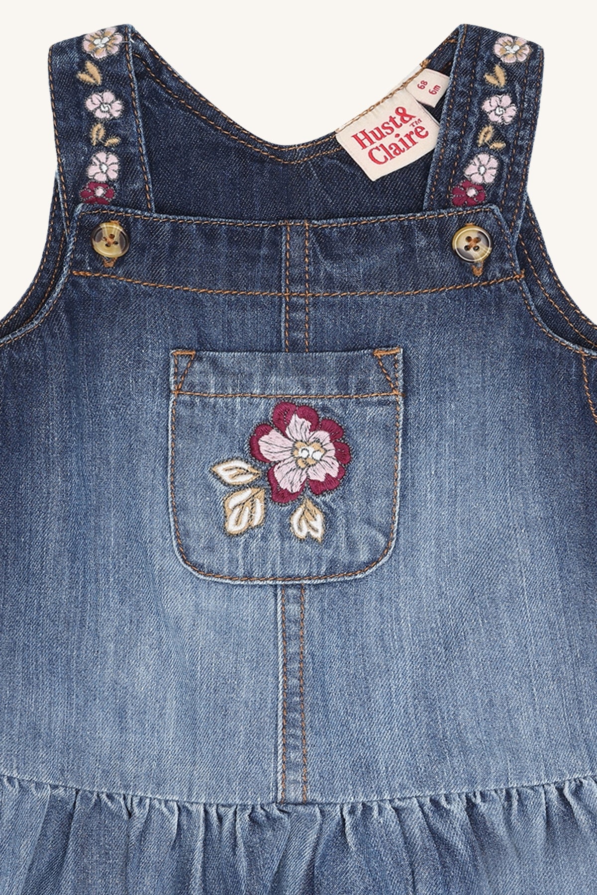 🌸 Hust & Claire Kis denim jurkje met bloemenborduursels – Blue Denim