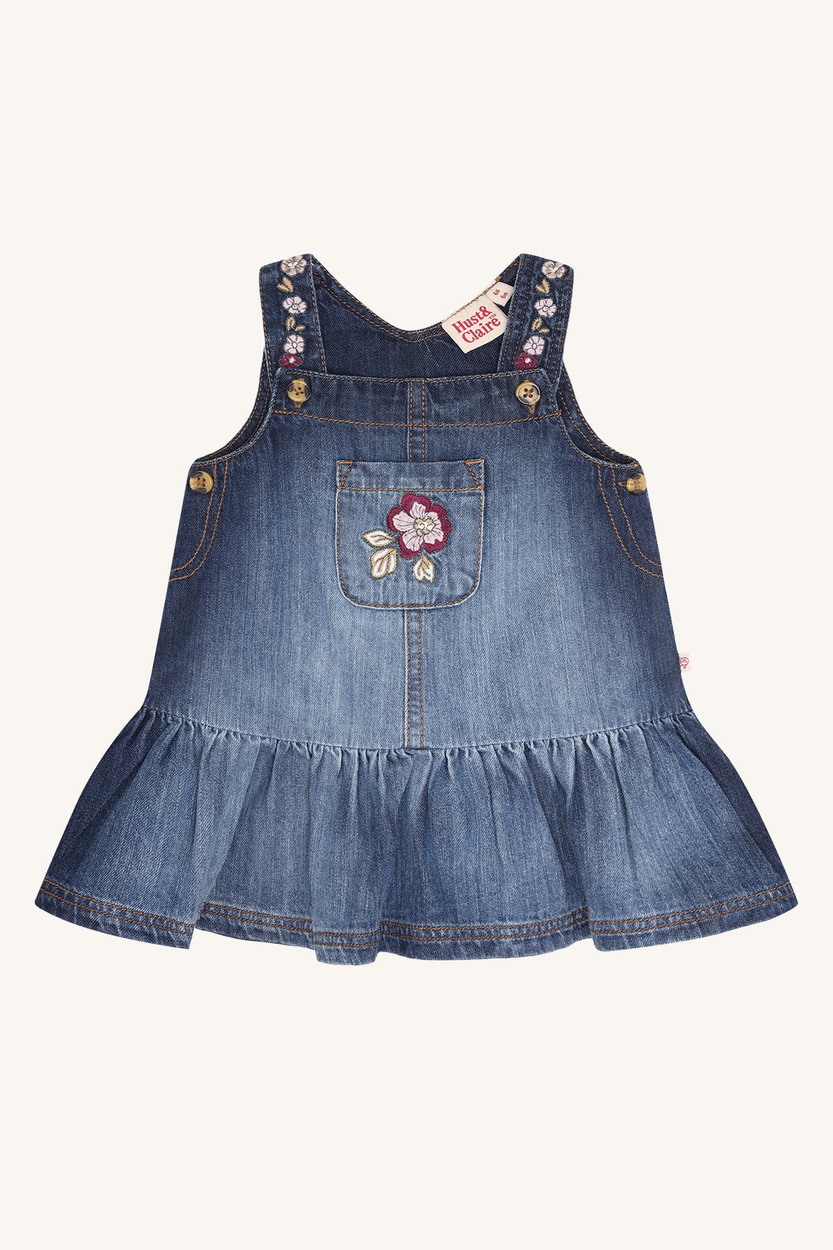 🌸 Hust & Claire Kis denim jurkje met bloemenborduursels – Blue Denim