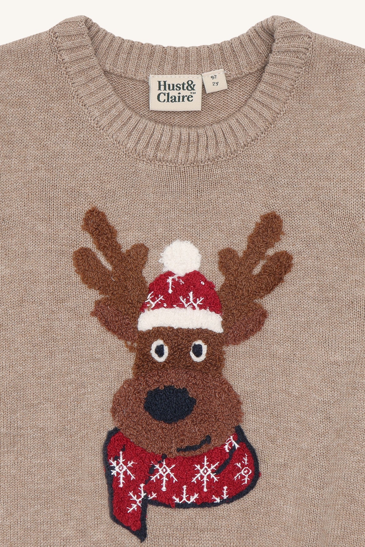 🦌 Hust & Claire Princo Reindeer – Schattige gebreide kerstspencer met rendier in beige