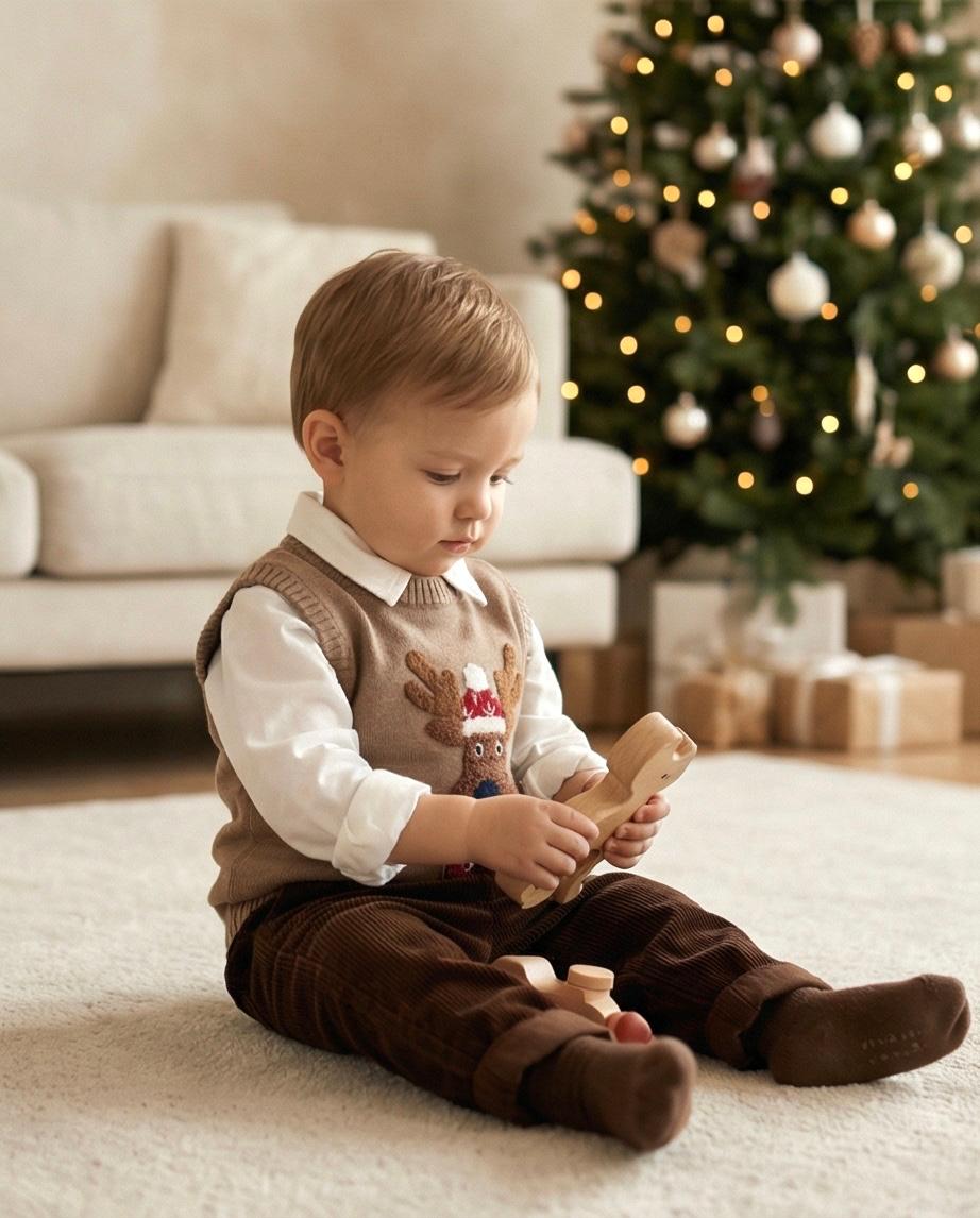 🦌 Hust & Claire Princo Reindeer – Schattige gebreide kerstspencer met rendier in beige