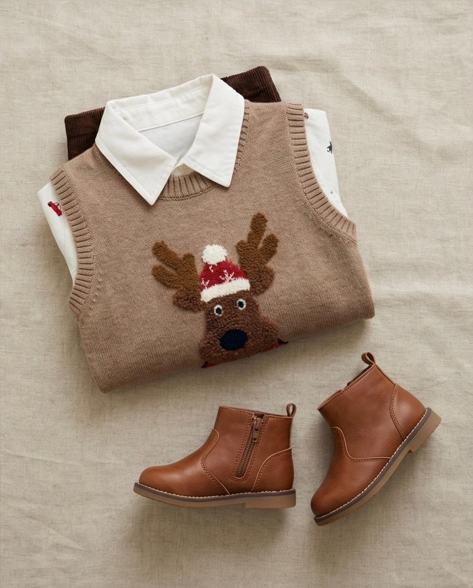 🦌 Hust & Claire Princo Reindeer – Schattige gebreide kerstspencer met rendier in beige