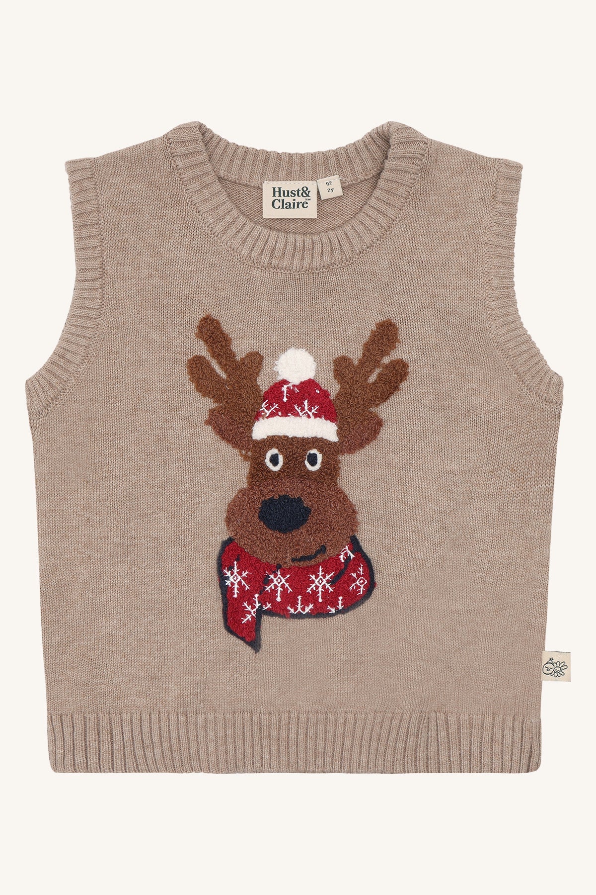 🦌 Hust & Claire Princo Reindeer – Schattige gebreide kerstspencer met rendier in beige