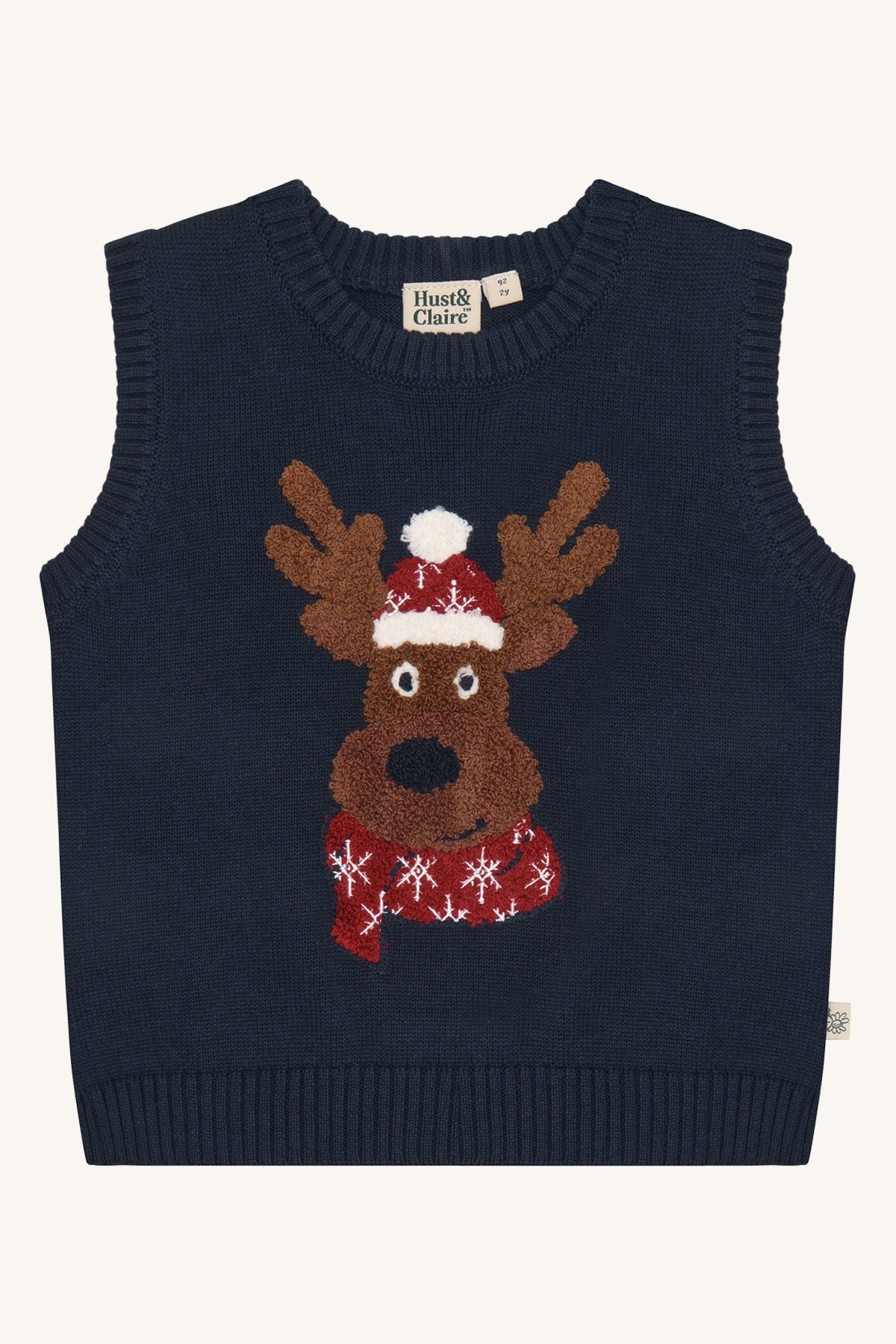 🦌 Hust & Claire Princo Reindeer – Gebreide kerstspencer met rendier in donkerblauw