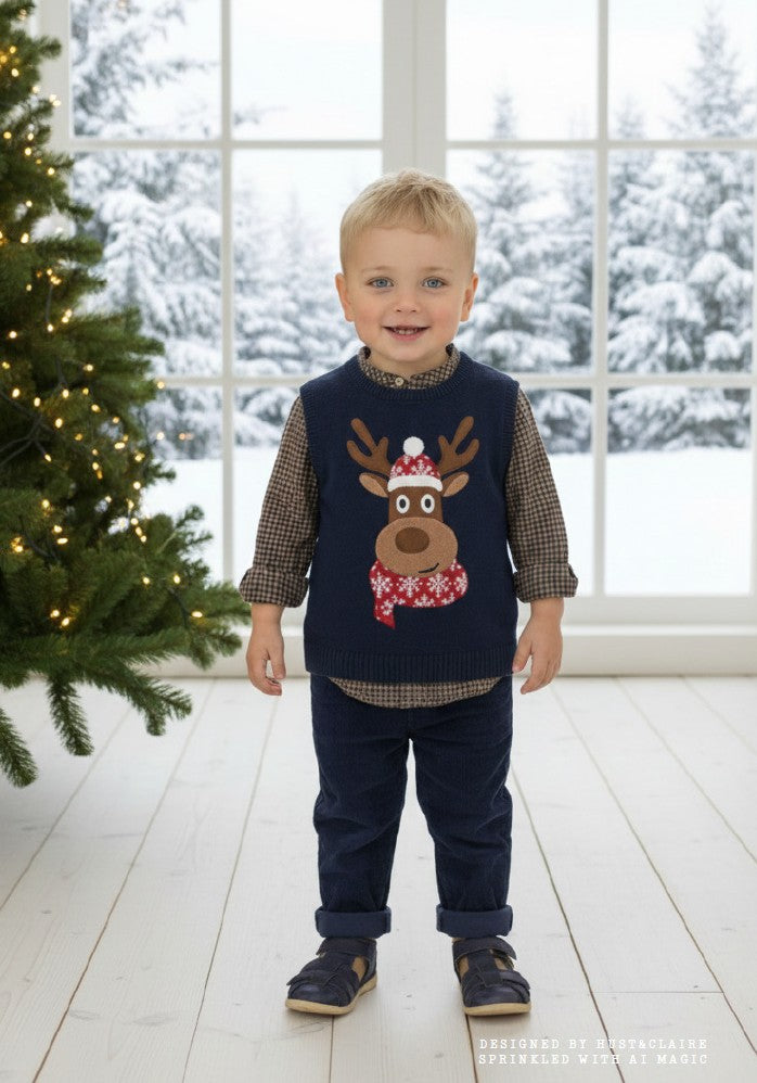 🦌 Hust & Claire Princo Reindeer – Gebreide kerstspencer met rendier in donkerblauw