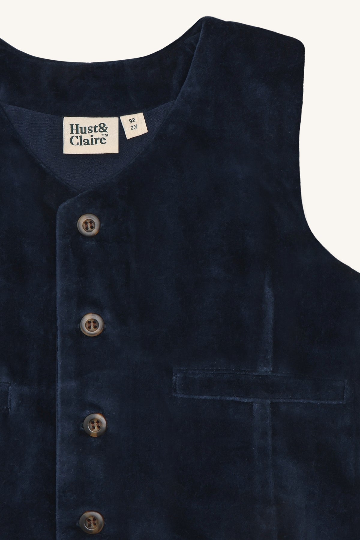 💙 Hust & Claire Eik Moleskin – Stijlvol donkerblauw fluwelen gilet voor kleine prinsen
