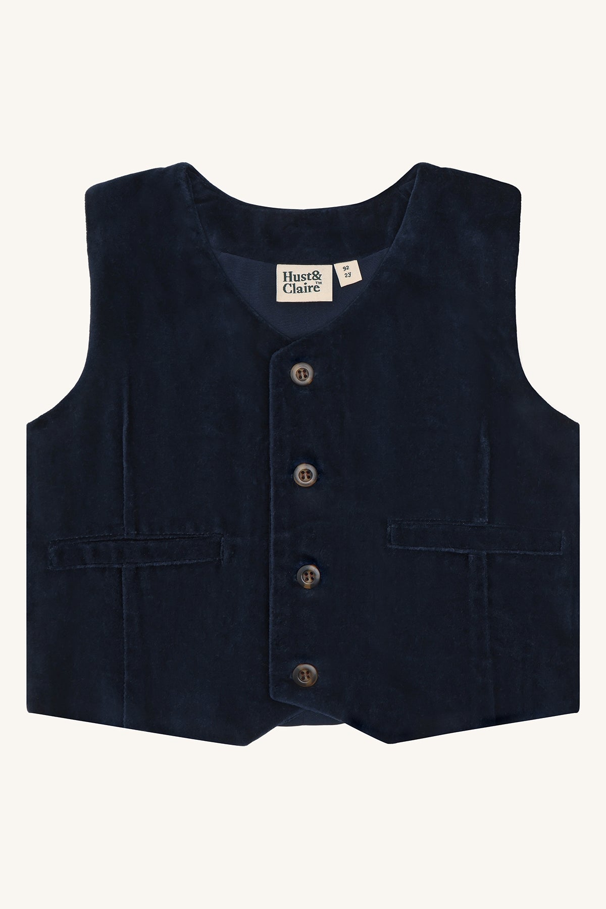 💙 Hust & Claire Eik Moleskin – Stijlvol donkerblauw fluwelen gilet voor kleine prinsen