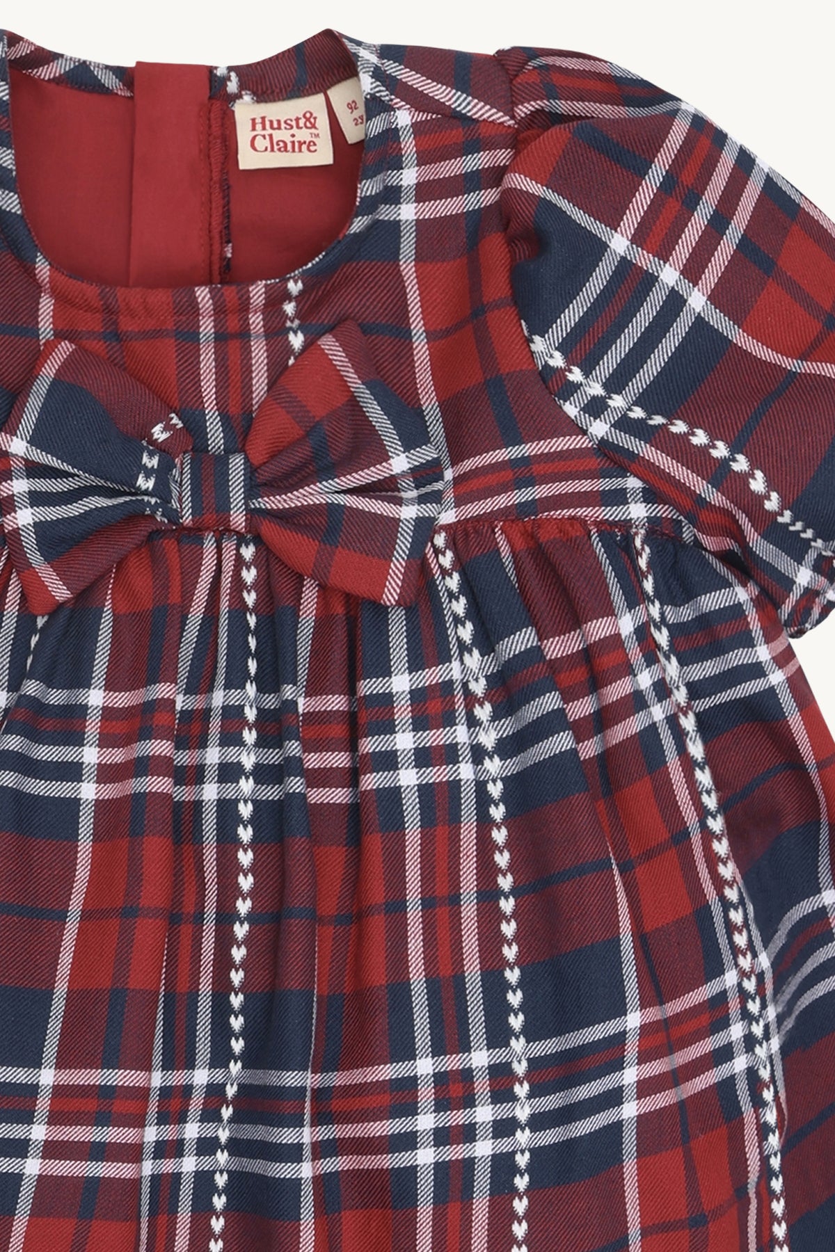 🎀 Hust & Claire Karoline Heart Check – Feestelijk geruit meisjesjurkje met strik in Teaberry